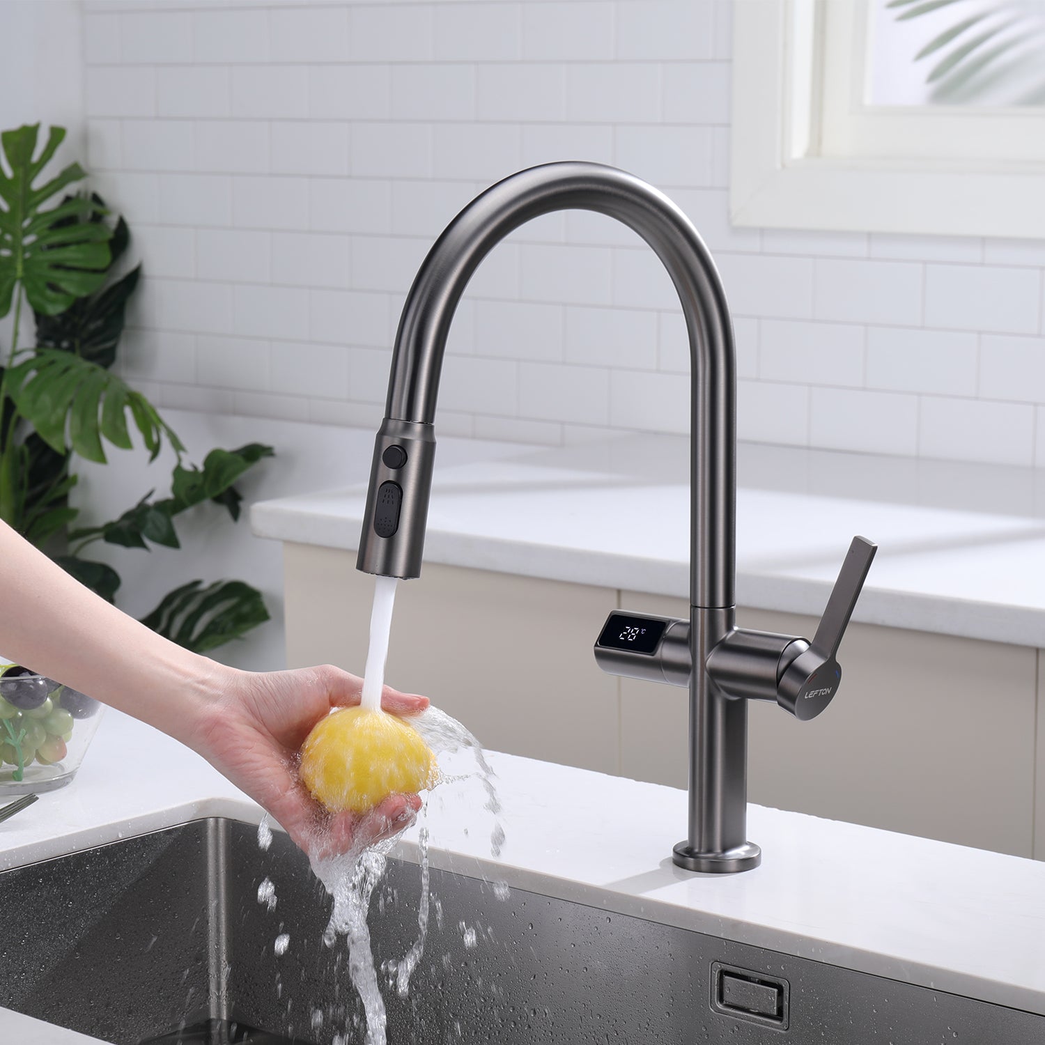 Lefton Automatic Sensor & Pull-Down Kitchen Faucet with Temperature Display-KF2206
