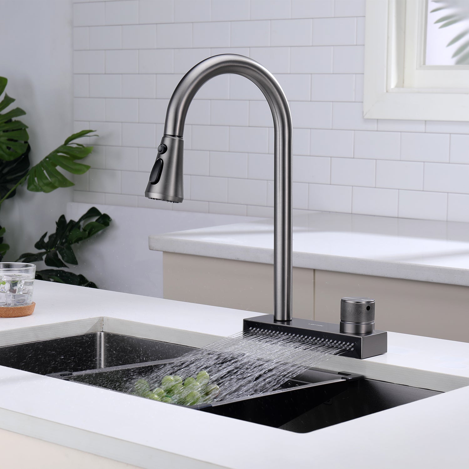 Lefton Stainless Steel Waterfall & Pull-Down Bifunctional Kitchen Faucet