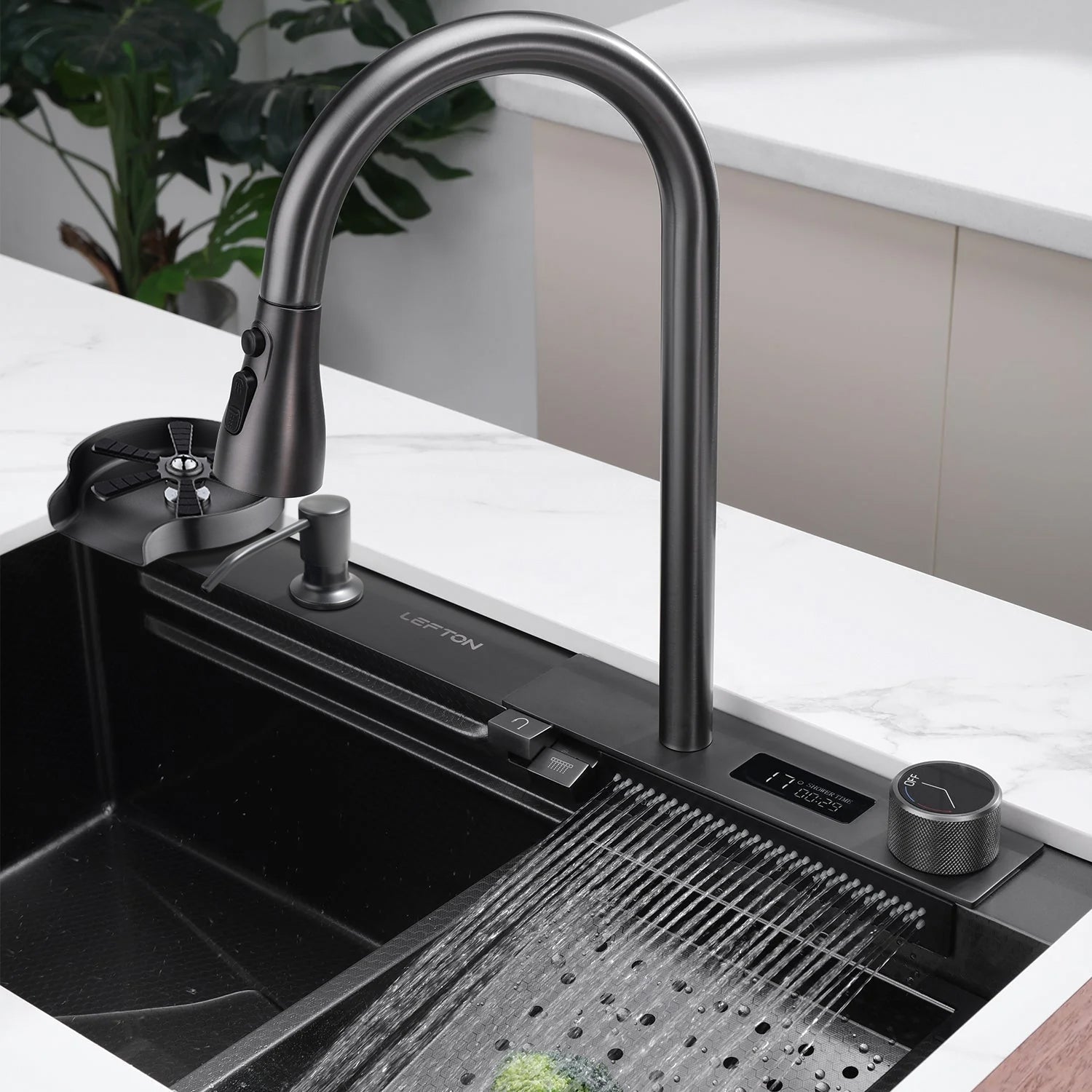 Lefton Waterfall Workstation Kitchen Sink Set With Digital Temperature Display-KS2204 -Kitchen Sinks- Lefton Home