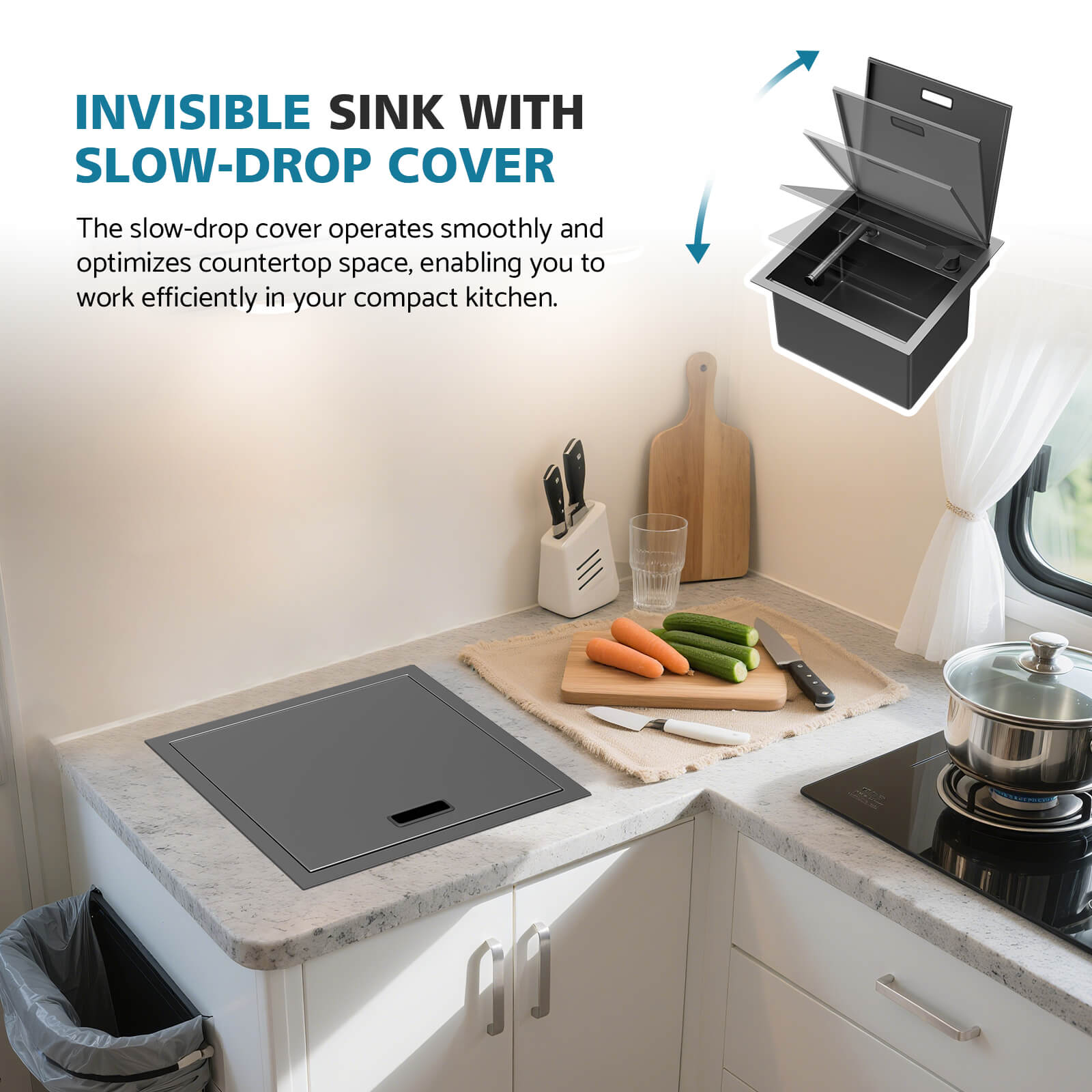 Lefton 17"x17" Stainless Steel Concealed RV & Kitchen Bar Workstation Sink with Liftable Pull-Out Faucet and Slow Drop Cover-BS2502