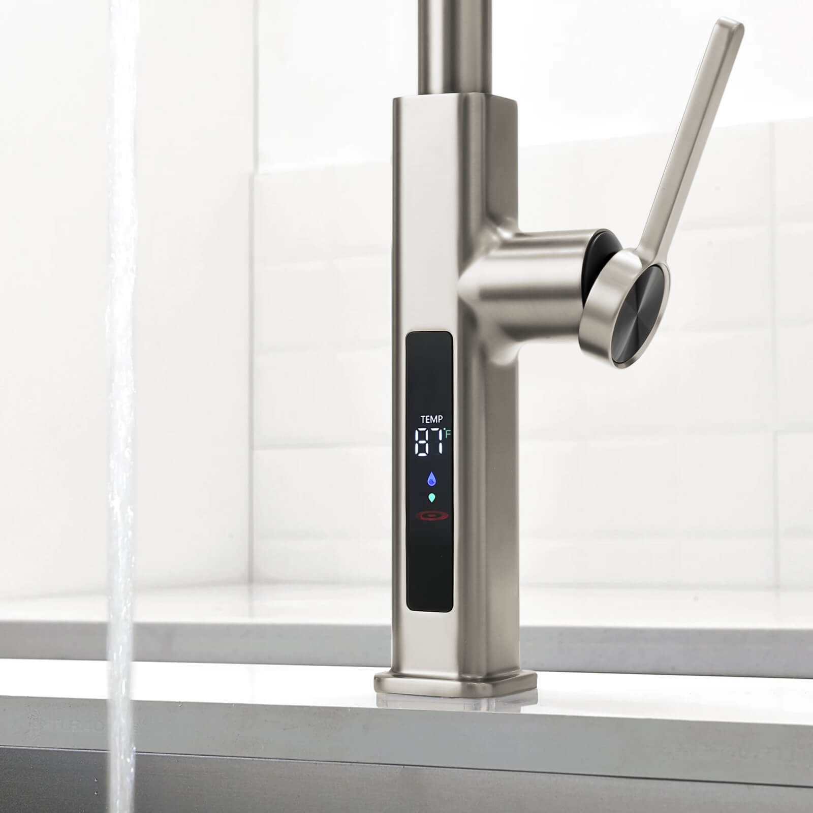 Recertified - Lefton Waterfall & Pull - Out Kitchen Faucet with Temperature Display - KF2209 - US - Kitchen Faucets - Lefton Home