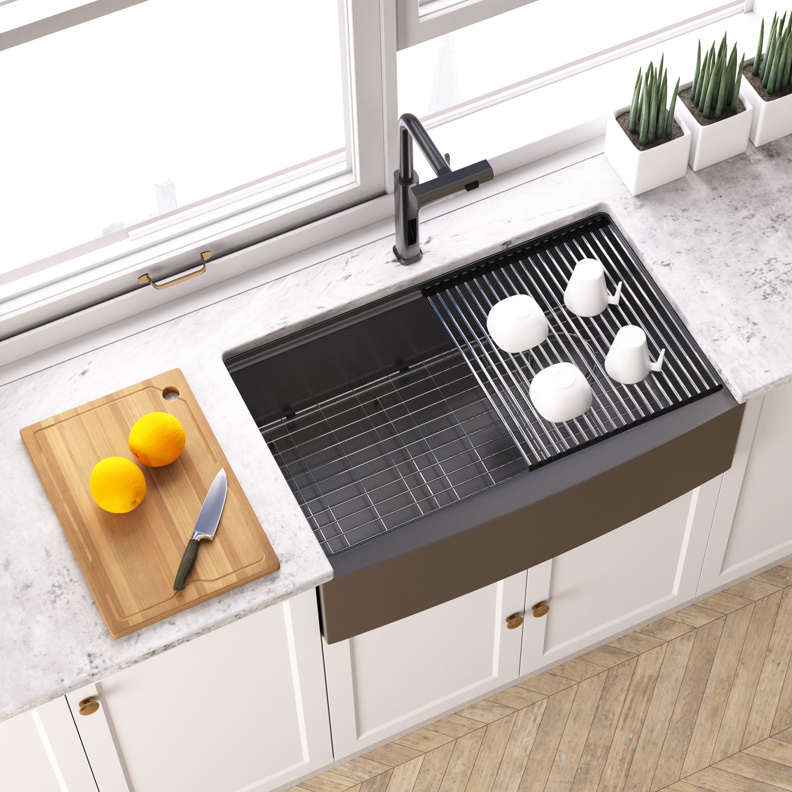 Lefton 33"x 22" Apron Front Single Bowl Stainless Steel Farmhouse Kitchen Sink With Grid and Basket Strainer - FS2501 - Kitchen Sinks - Lefton Home