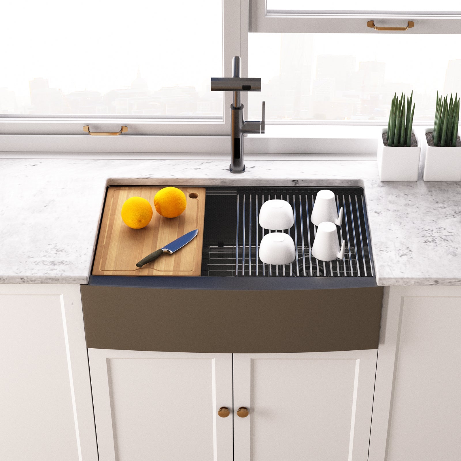 Lefton 33"x 22" Apron Front Single Bowl Stainless Steel Farmhouse Kitchen Sink With Grid and Basket Strainer - FS2501 - Kitchen Sinks - Lefton Home