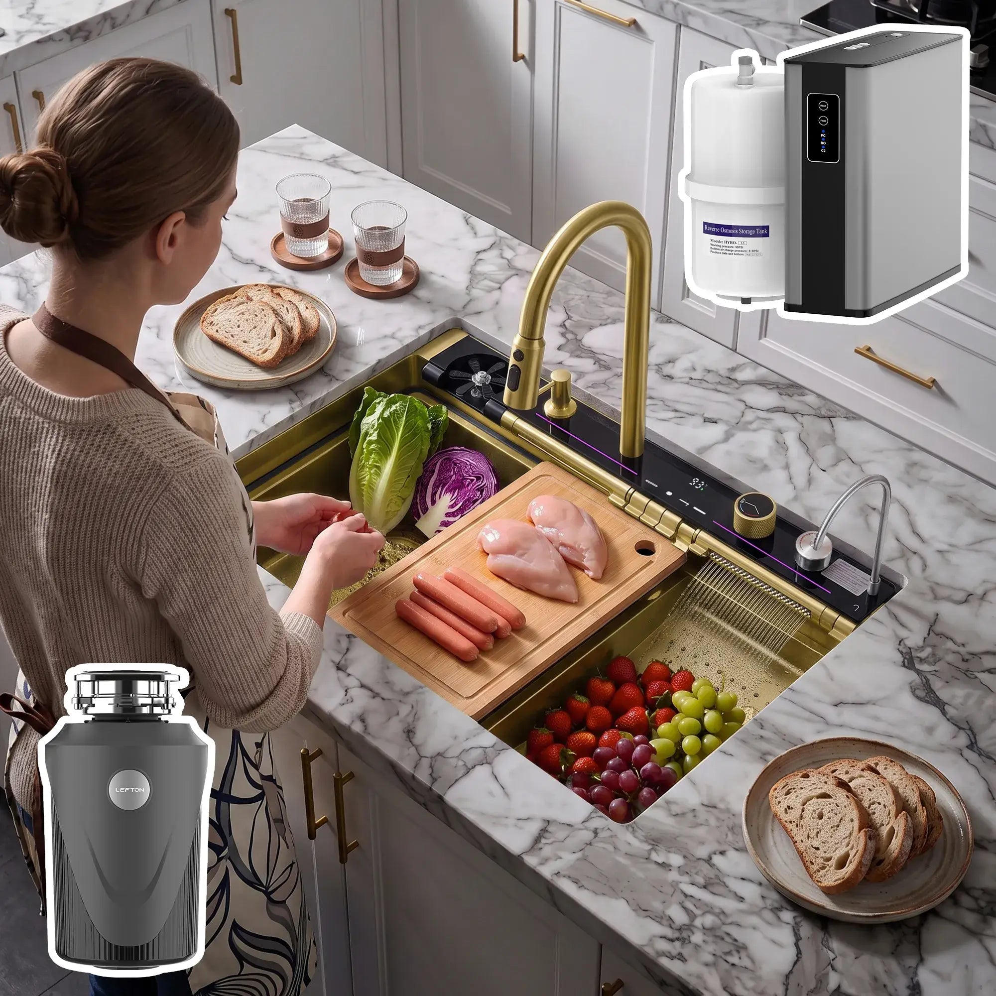 Lefton-33"x22"-Kitchen-Sink-KS2207L-PRO-with-R -Water-Filtration-System-1-HP-Garbage -Disposal-Lefton Home