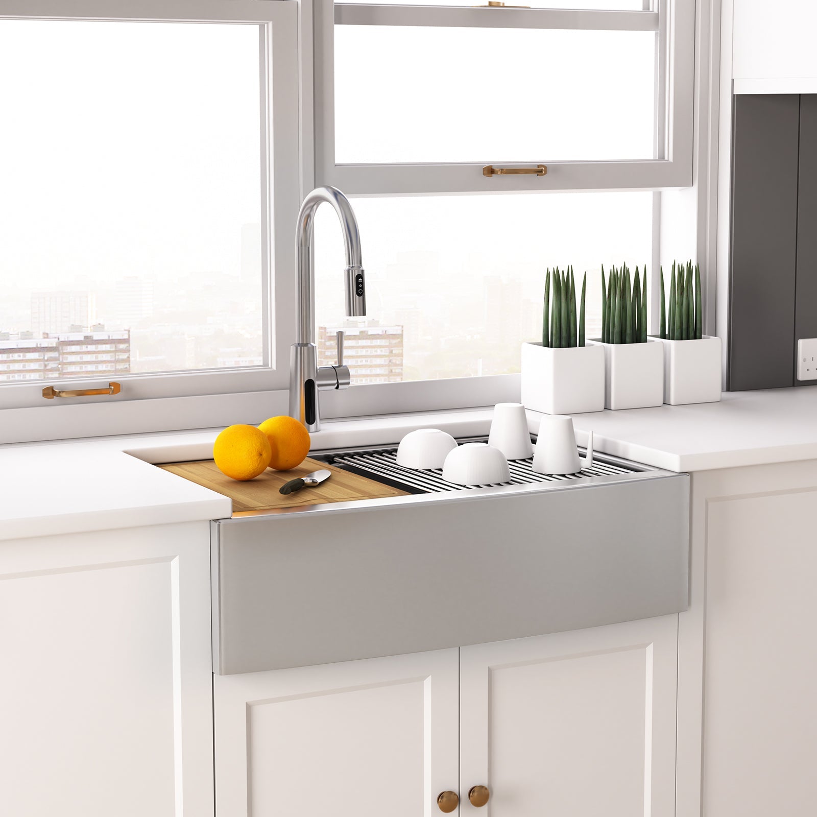 Lefton 33"x 22" Stainless Steel Farmhouse Kitchen Sink - FS2501 with Modern Pull - Down Kitchen Faucet - KF2501 - Kitchen Sinks - Lefton Home