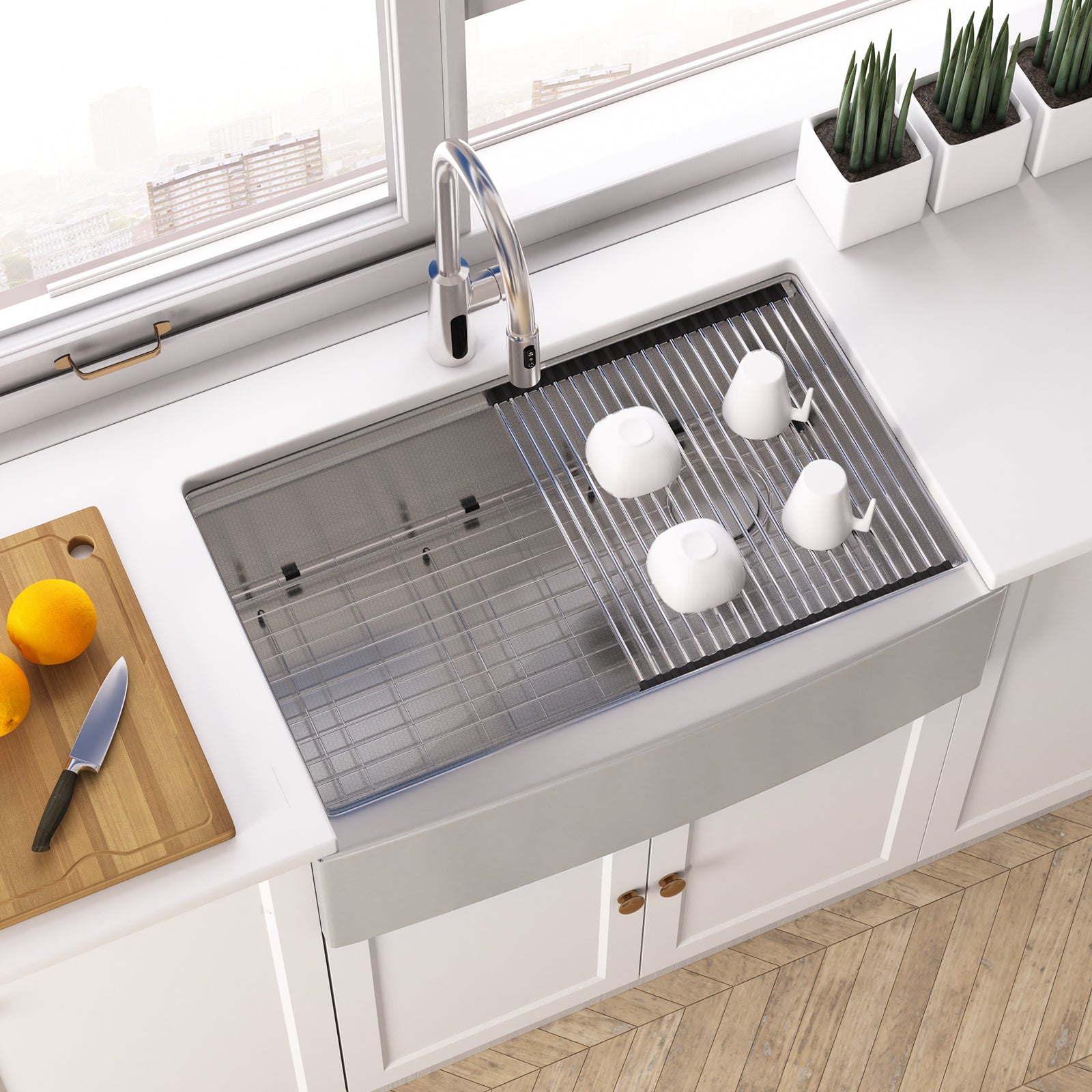 Lefton 33"x 22" Stainless Steel Farmhouse Kitchen Sink - FS2501 with Modern Pull - Down Kitchen Faucet - KF2501 - Kitchen Sinks - Lefton Home