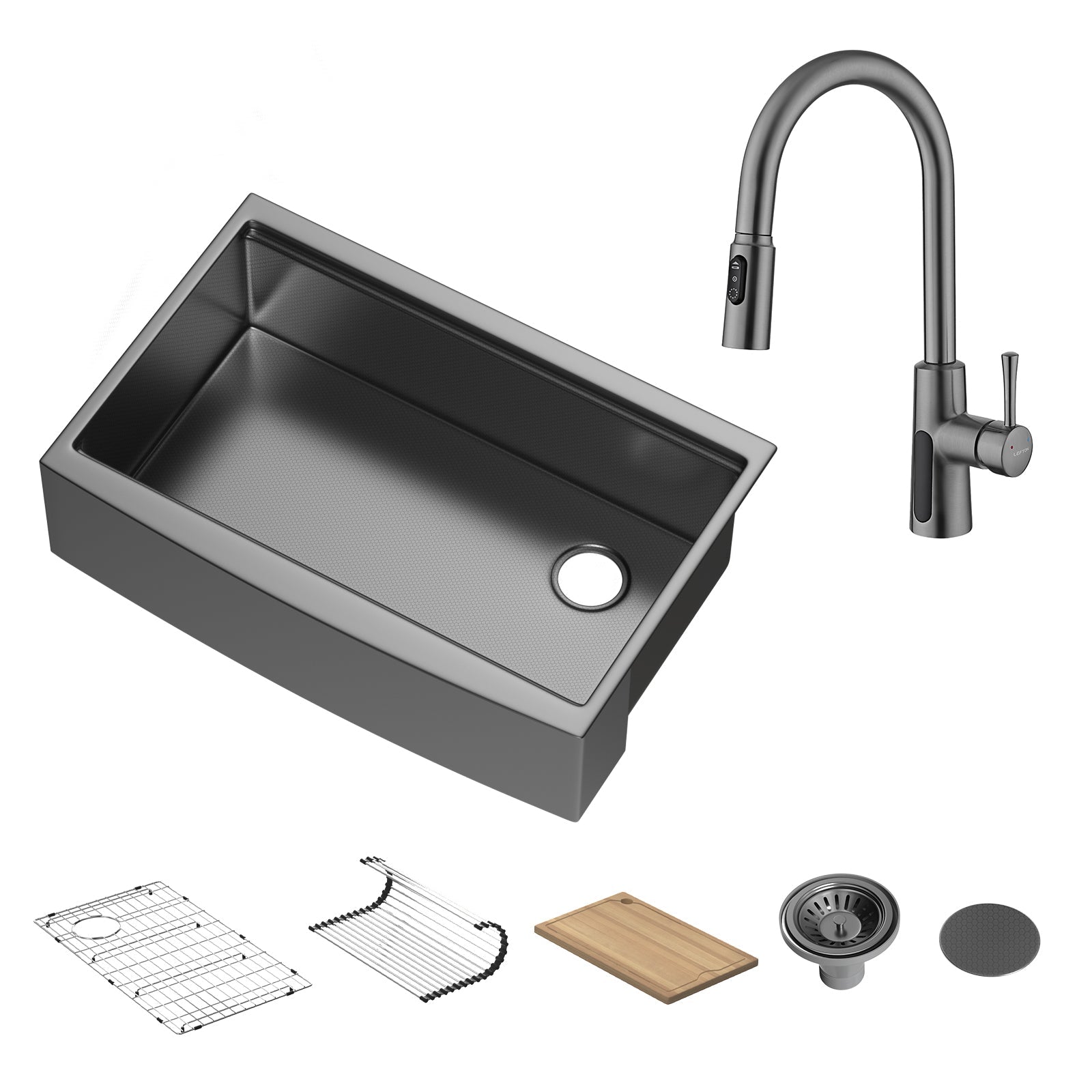 Lefton 33"x 22" Stainless Steel Farmhouse Kitchen Sink - FS2501 with Modern Pull - Down Kitchen Faucet - KF2501 - Kitchen Sinks - Lefton Home