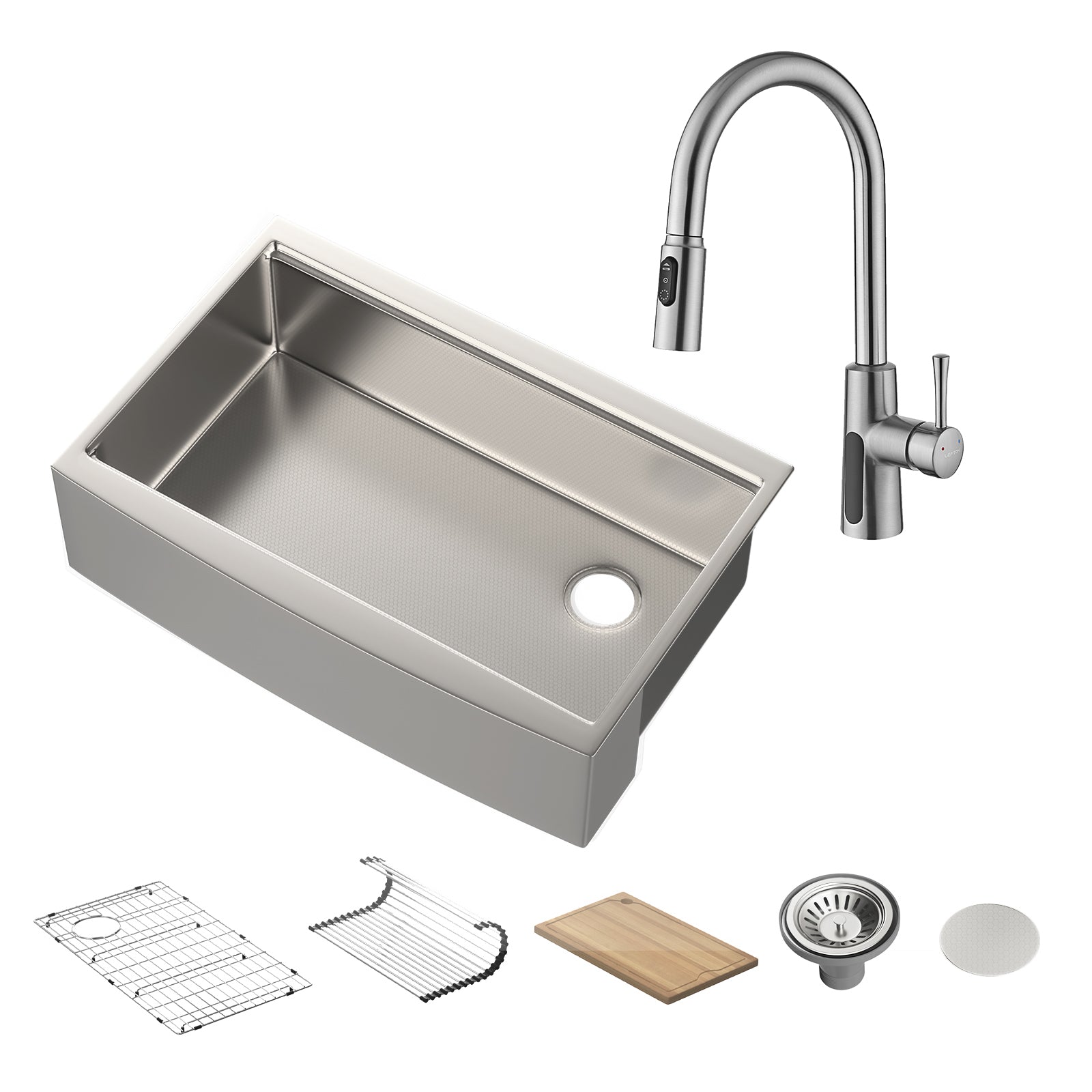 Lefton 33"x 22" Stainless Steel Farmhouse Kitchen Sink - FS2501 with Modern Pull - Down Kitchen Faucet - KF2501 - Kitchen Sinks - Lefton Home