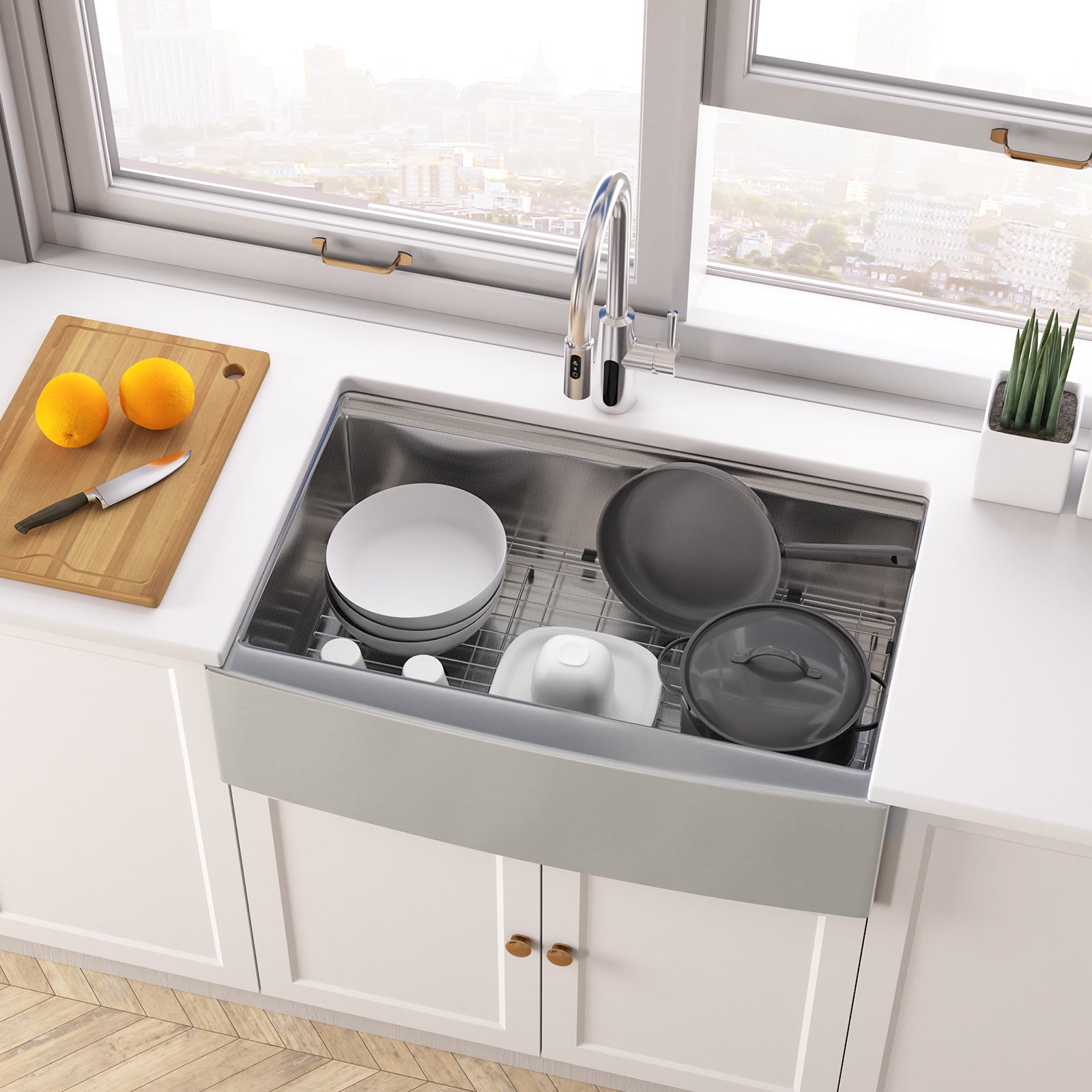 Lefton 33"x 22" Stainless Steel Farmhouse Kitchen Sink - FS2501 with Modern Pull - Down Kitchen Faucet - KF2501 - Kitchen Sinks - Lefton Home