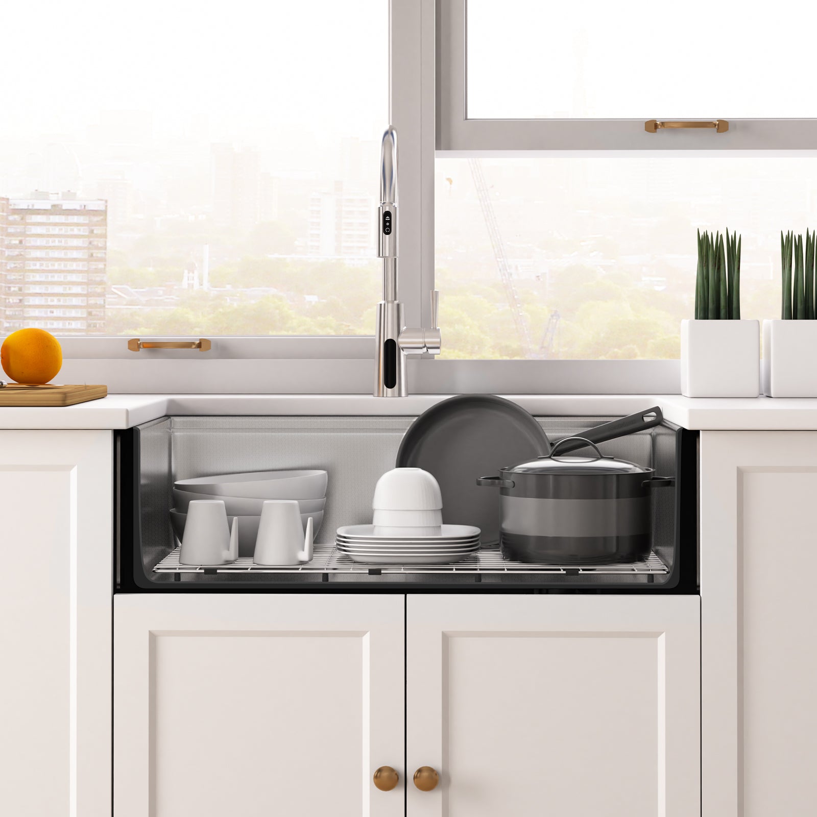 Lefton 33"x 22" Stainless Steel Farmhouse Kitchen Sink - FS2501 with Modern Pull - Down Kitchen Faucet - KF2501 - Kitchen Sinks - Lefton Home