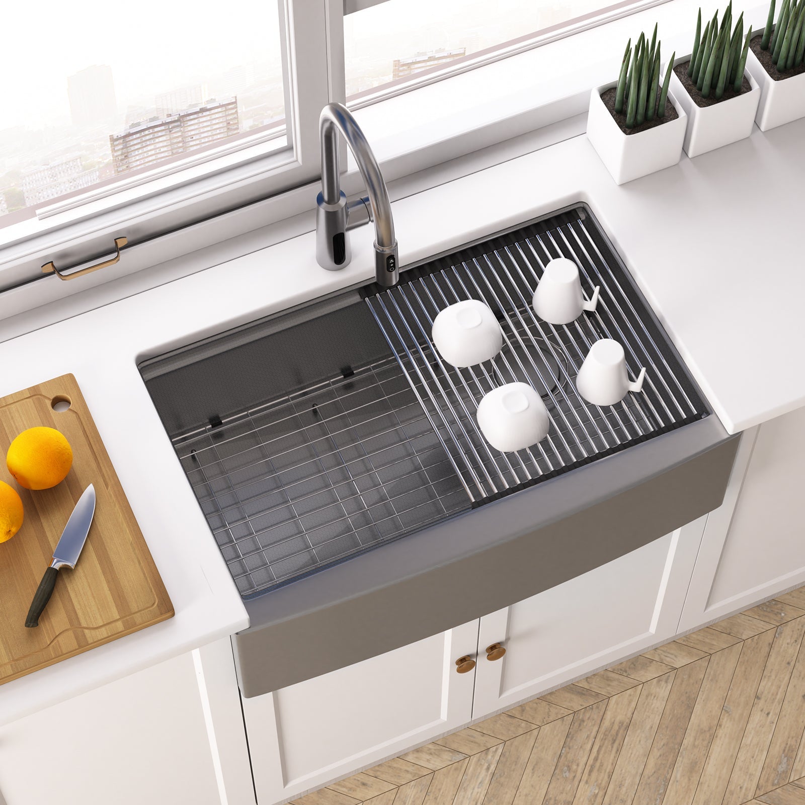 Lefton 33"x 22" Stainless Steel Farmhouse Kitchen Sink - FS2501 with Modern Pull - Down Kitchen Faucet - KF2501 - Kitchen Sinks - Lefton Home