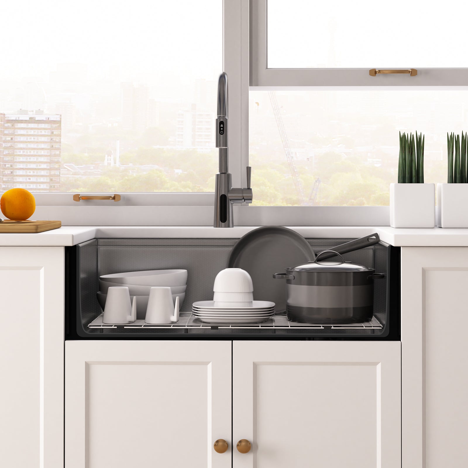 Lefton 33"x 22" Stainless Steel Farmhouse Kitchen Sink - FS2501 with Modern Pull - Down Kitchen Faucet - KF2501 - Kitchen Sinks - Lefton Home