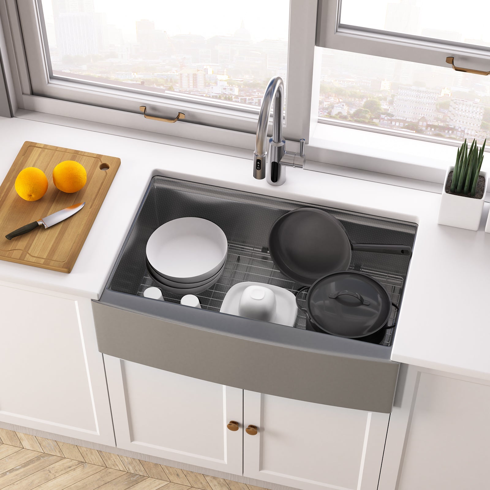 Lefton 33"x 22" Stainless Steel Farmhouse Kitchen Sink - FS2501 with Modern Pull - Down Kitchen Faucet - KF2501 - Kitchen Sinks - Lefton Home