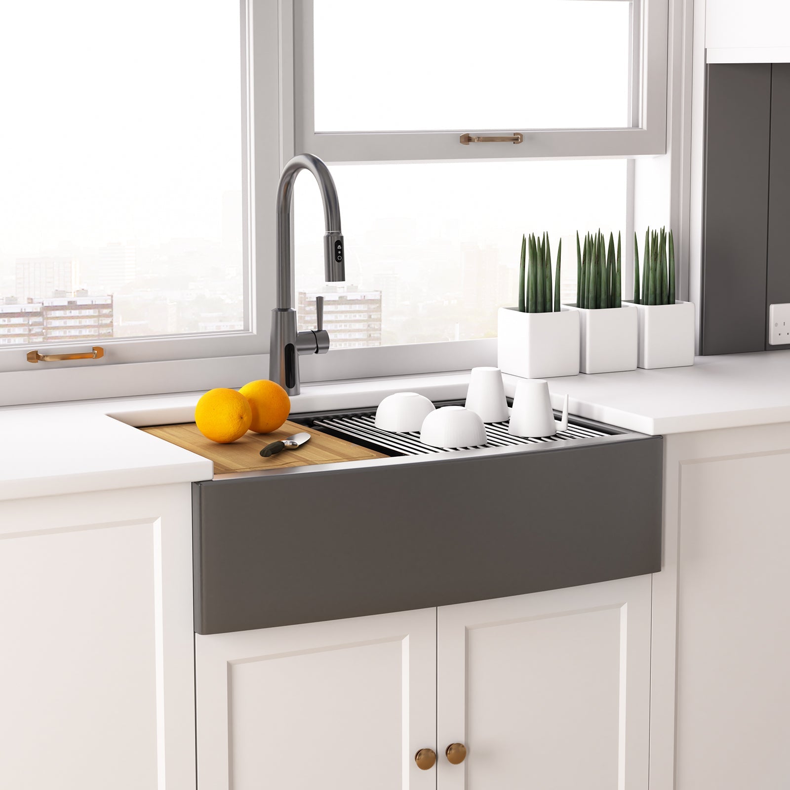 Lefton 33"x 22" Stainless Steel Farmhouse Kitchen Sink - FS2501 with Modern Pull - Down Kitchen Faucet - KF2501 - Kitchen Sinks - Lefton Home
