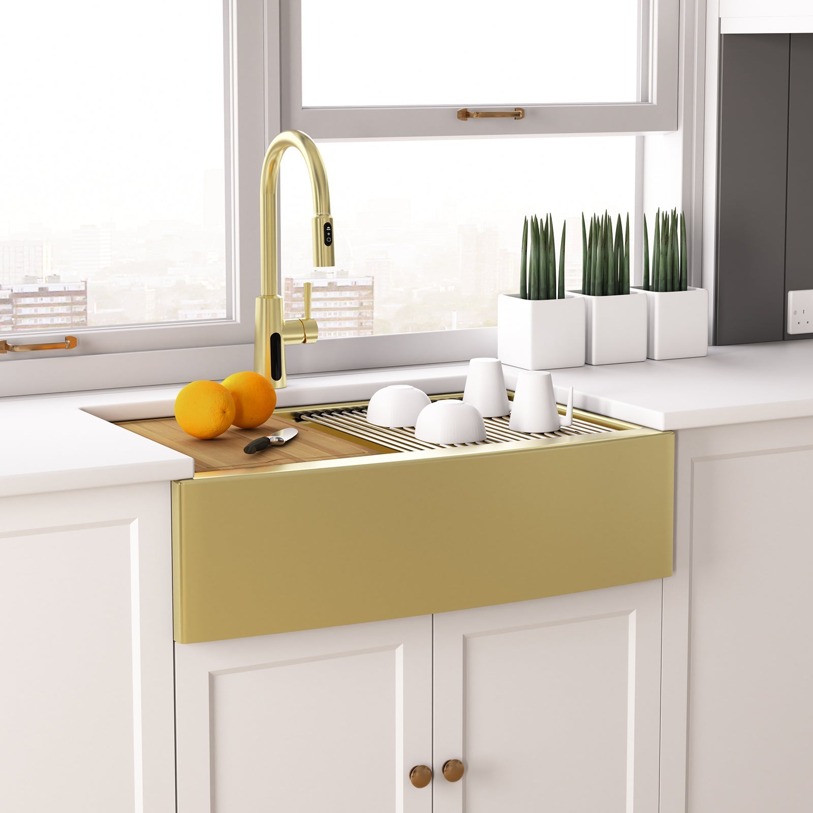 Lefton 33"x 22" Stainless Steel Farmhouse Kitchen Sink - FS2501 with Modern Pull - Down Kitchen Faucet - KF2501 - Kitchen Sinks - Lefton Home