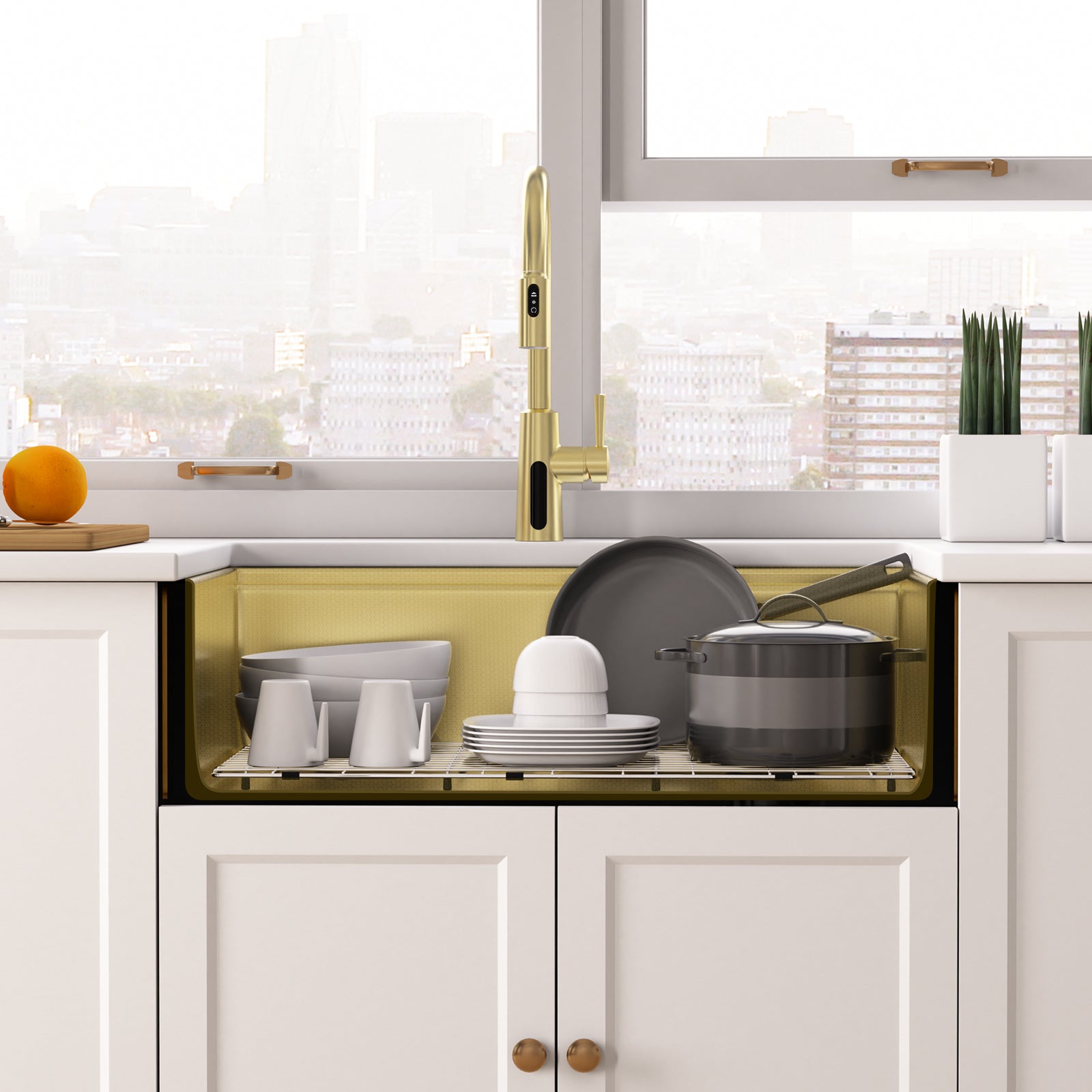 Lefton 33"x 22" Stainless Steel Farmhouse Kitchen Sink - FS2501 with Modern Pull - Down Kitchen Faucet - KF2501 - Kitchen Sinks - Lefton Home