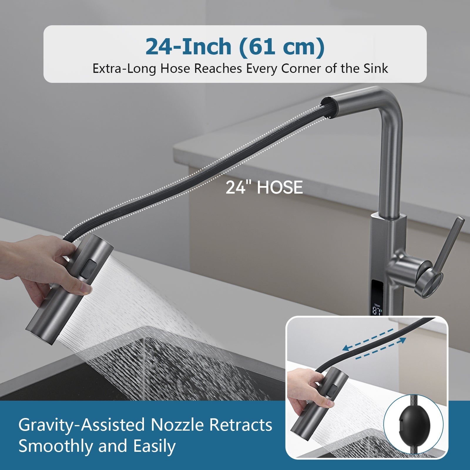 Lefton 33"x 22" Stainless Steel Farmhouse Kitchen Sink - FS2501 with Waterfall & Pull - Out Kitchen Faucet - KF2209 - Kitchen Sinks - Lefton Home