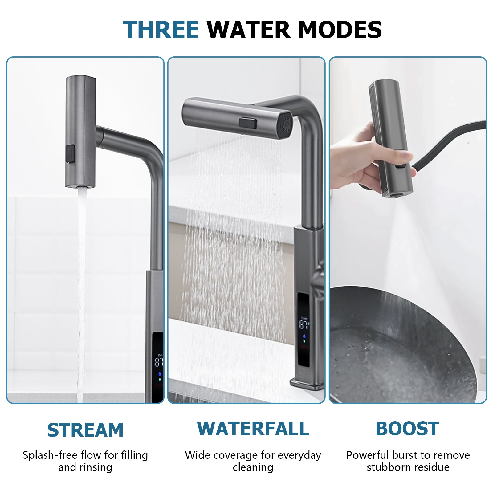 Lefton 33"x 22" Stainless Steel Farmhouse Kitchen Sink - FS2501 with Waterfall & Pull - Out Kitchen Faucet - KF2209 - Kitchen Sinks - Lefton Home