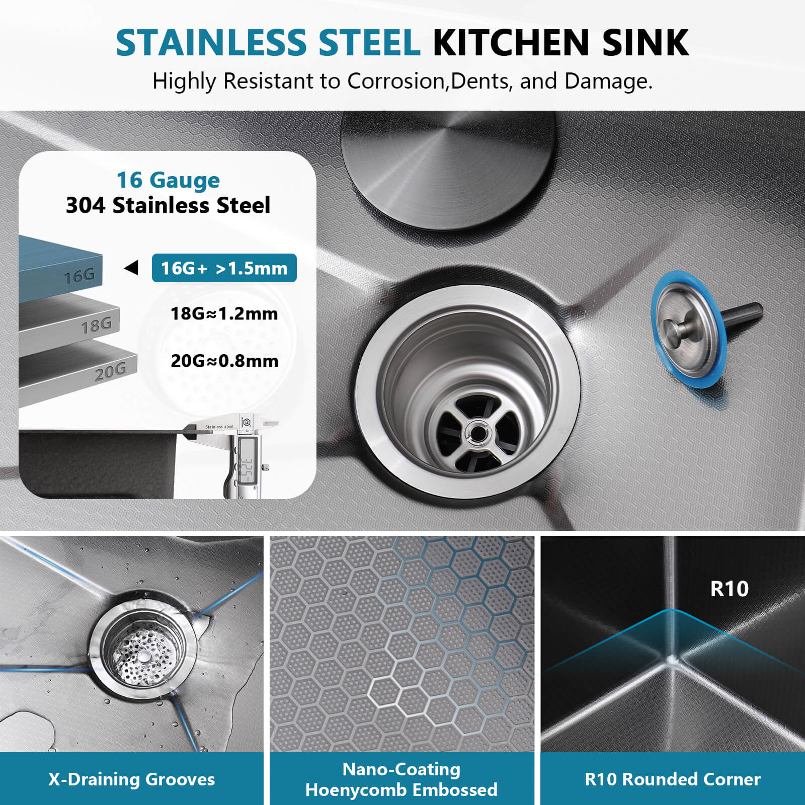 Lefton 33"x22" Stainless Steel Workstation Kitchen Sink with Pull - out Faucet & Digital Display - KS2207L - PRO - Kitchen Sinks - Lefton Home