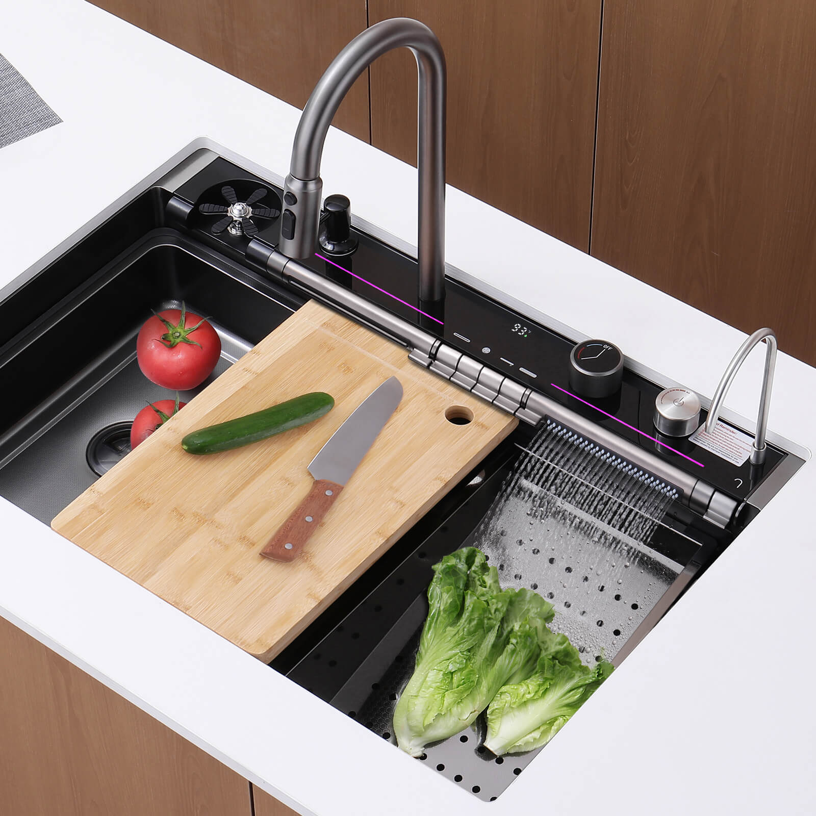 Lefton 33"x22" Stainless Steel Workstation Kitchen Sink with Pull - out Faucet & Digital Display - KS2207L - PRO - Kitchen Sinks - Lefton Home