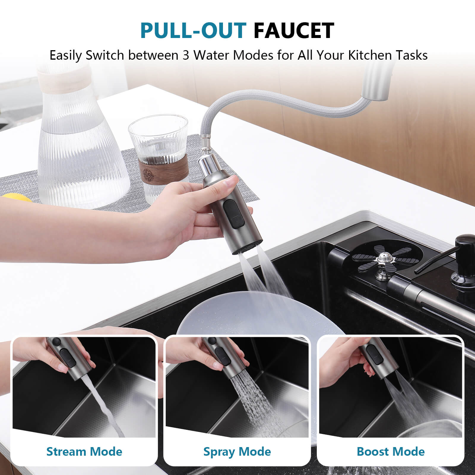 Lefton 33"x22" Stainless Steel Workstation Kitchen Sink with Pull - out Faucet & Digital Display - KS2207L - PRO - Kitchen Sinks - Lefton Home