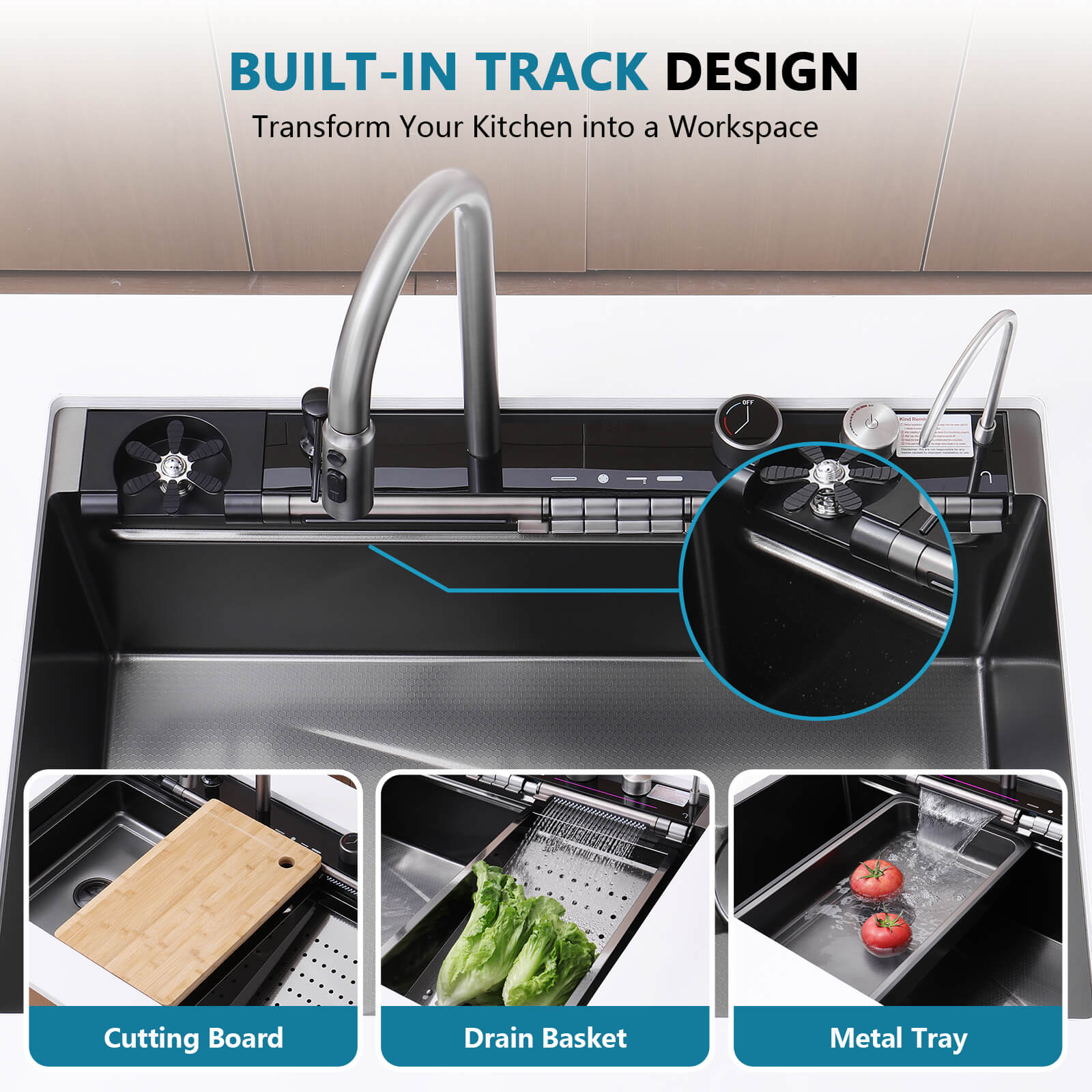 Lefton 33"x22" Stainless Steel Workstation Kitchen Sink with Pull - out Faucet & Digital Display - KS2207L - PRO - Kitchen Sinks - Lefton Home