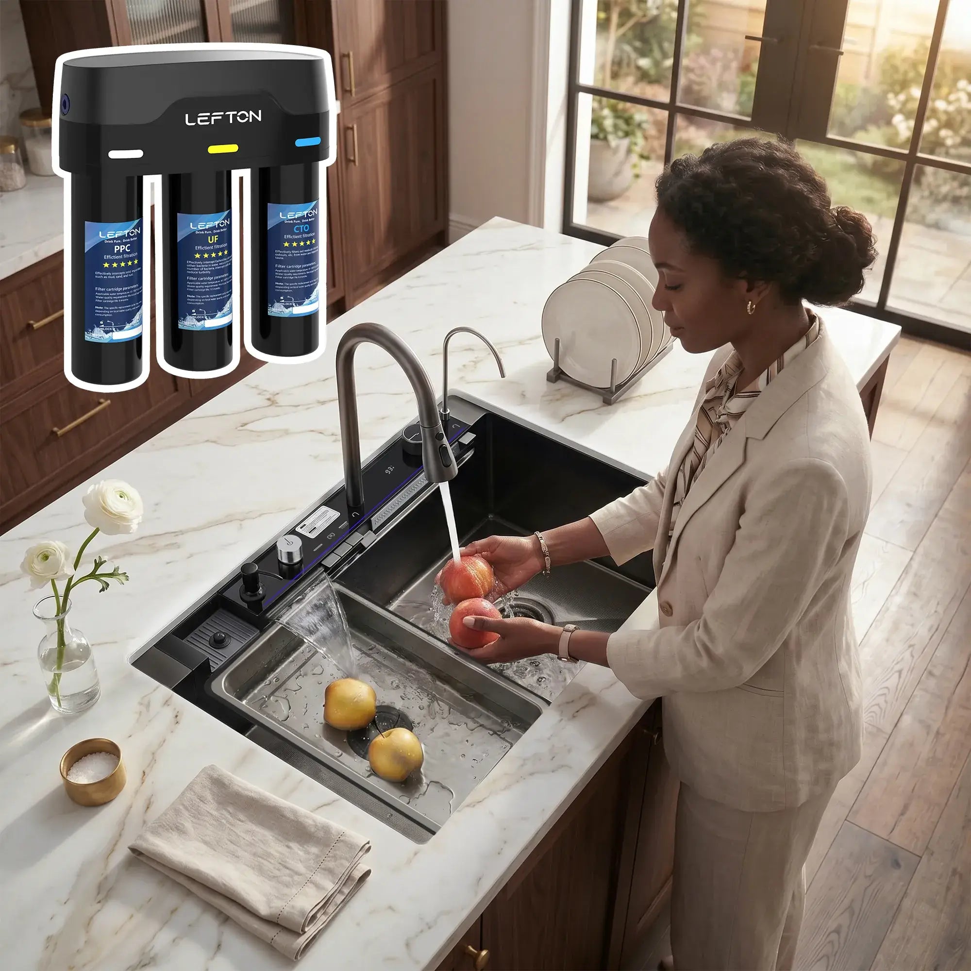 Lefton 33"x22" Waterfall Workstation Kitchen Sink-KS2206L-PRO with Tankless Water Filtration System-WF01-Kitchen Sink & Water Filter-Lefton Home