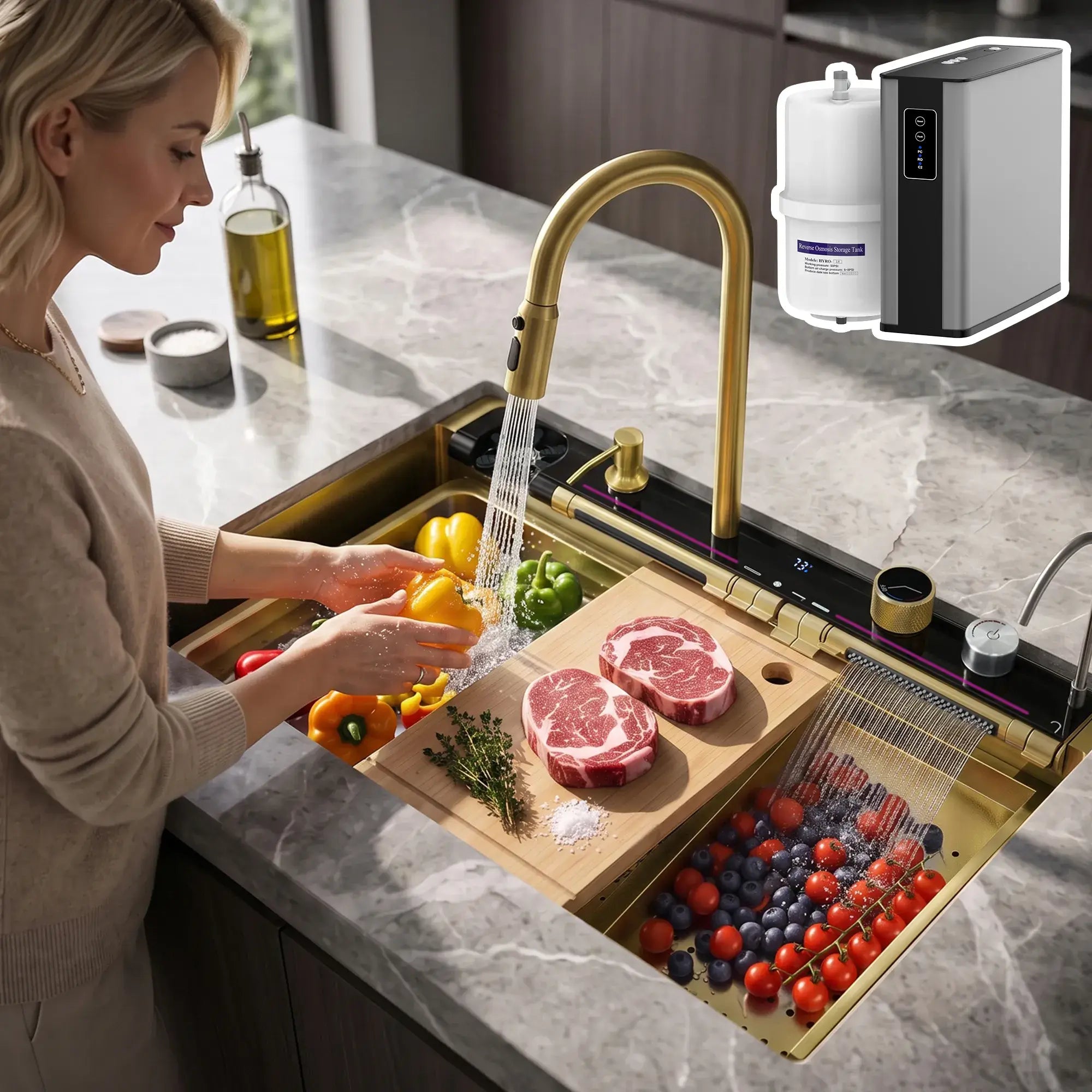 Lefton 33"x22" Workstation Kitchen Sink-KS2207L-PRO with Reverse Osmosis Water Filtration System-WF02-Kitchen Sink & Water Filter-Lefton Home