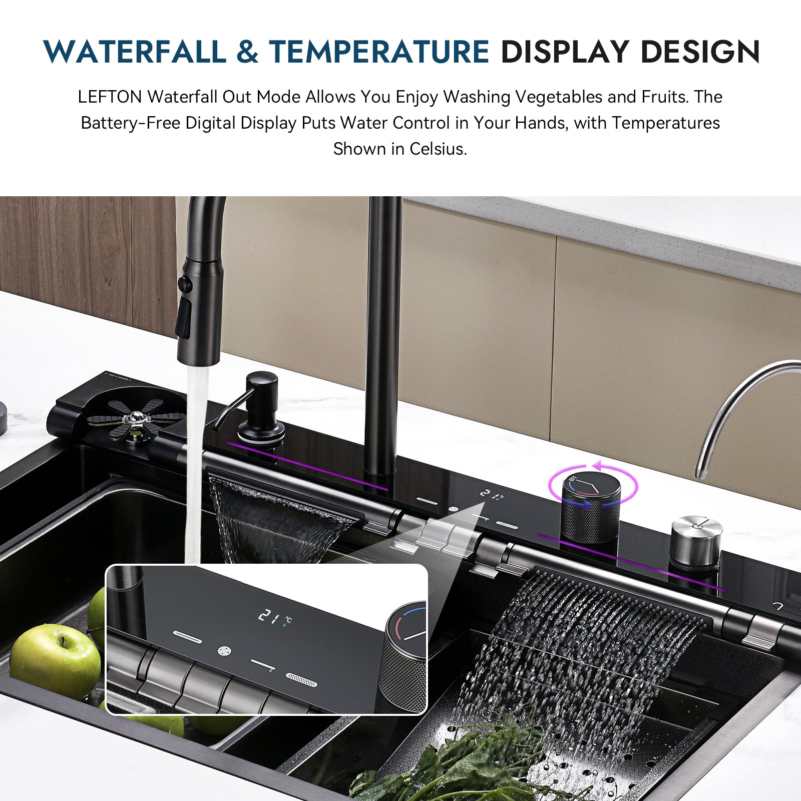 Lefton Adjustable Waterfall Faucet Kitchen Sink with Digital Temperature Display & LED Lighting - KS2207 - Kitchen Sinks - Lefton Home