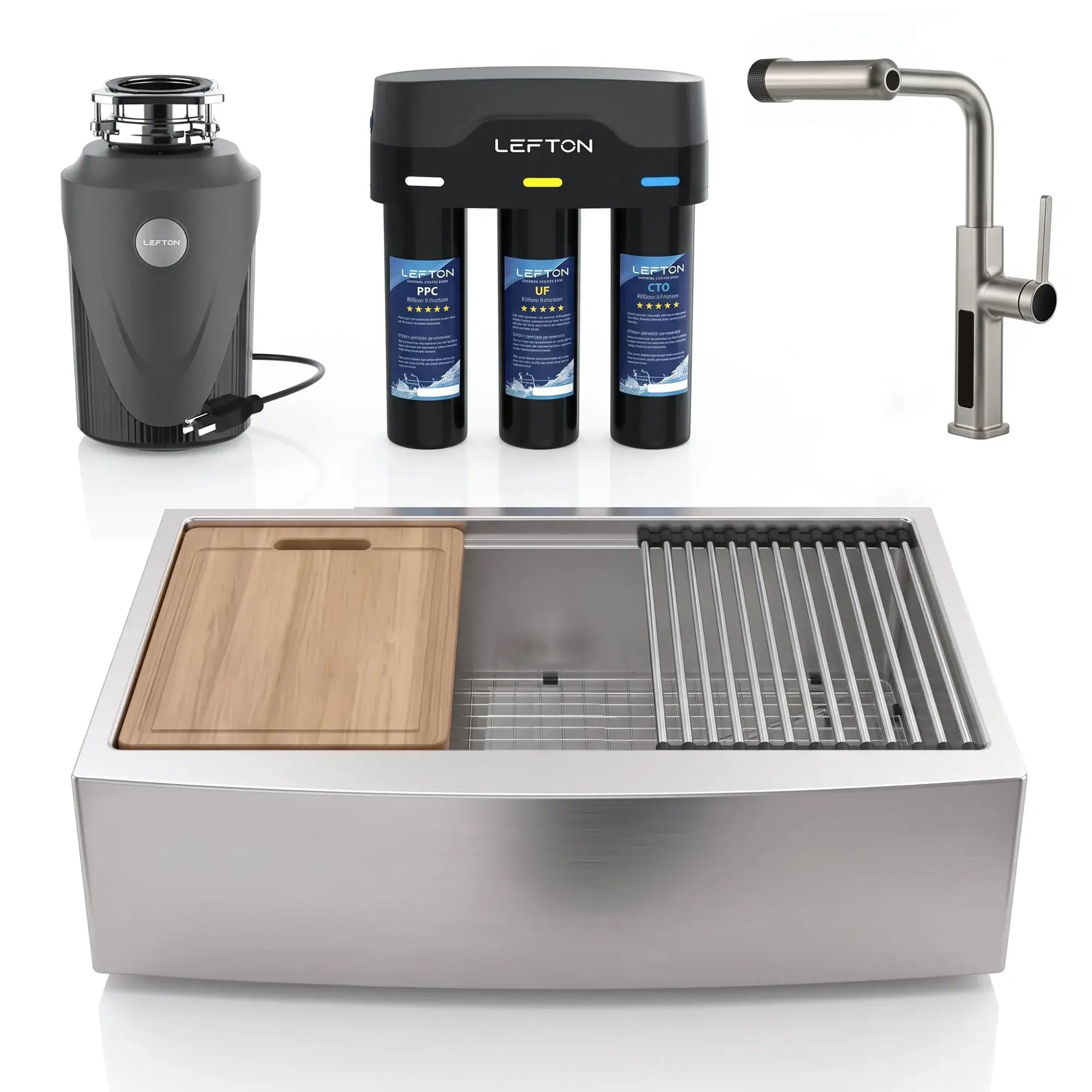Lefton Farmhouse Sink-FS2501 & Kitchen Faucet-KF2209 & 1 HP Garbage Disposal-LGD1010 & Water Filtration-WF01-Kitchen Bundle-Lefton Home
