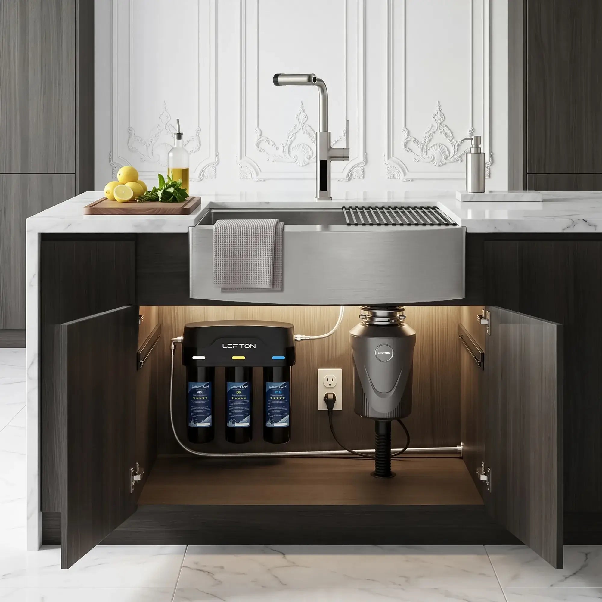 Lefton Farmhouse Sink-FS2501 & Kitchen Faucet-KF2209 & 1 HP Garbage Disposal-LGD1010 & Water Filtration-WF01-Kitchen Bundle-Lefton Home