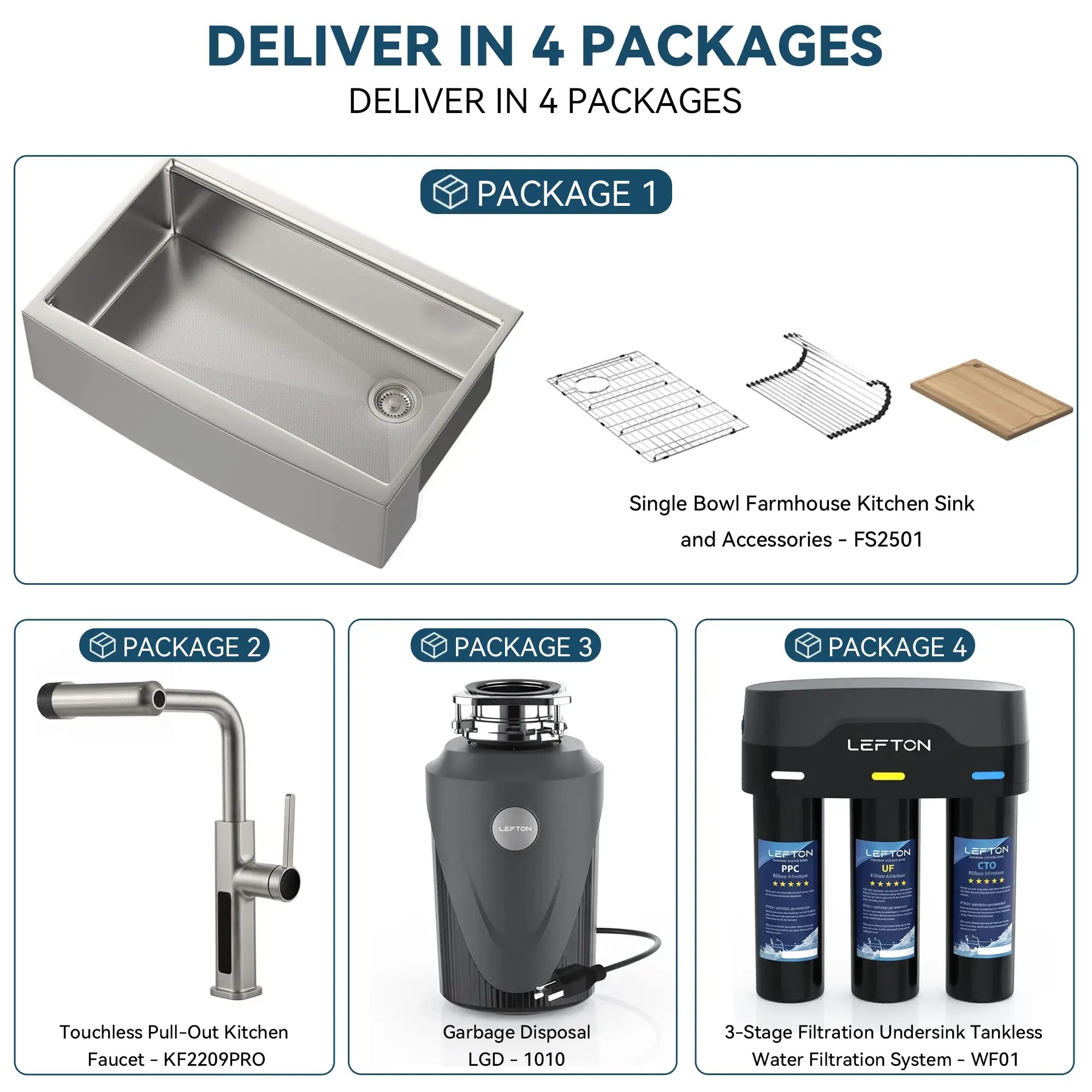Lefton Farmhouse Sink-FS2501 & Kitchen Faucet-KF2209 & 1 HP Garbage Disposal-LGD1010 & Water Filtration-WF01-Kitchen Bundle-Lefton Home