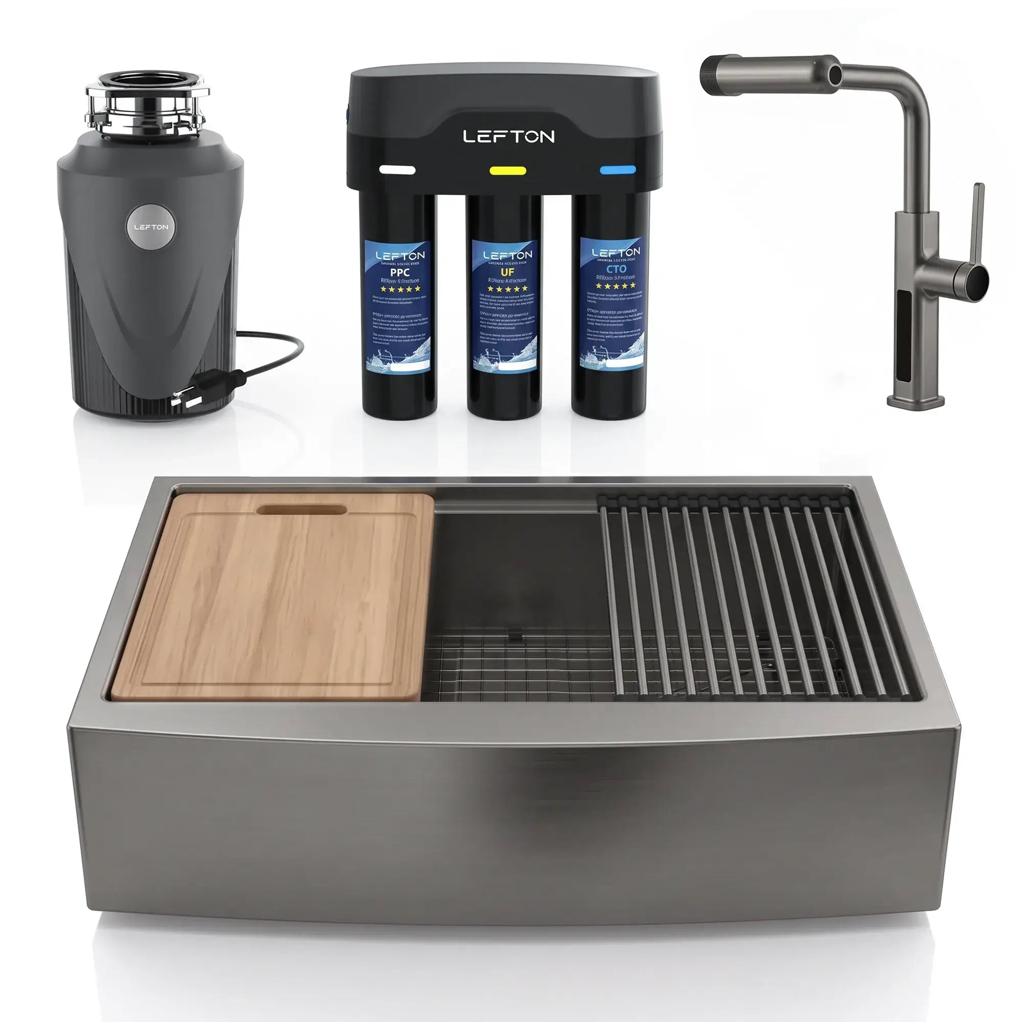 Lefton Farmhouse Sink-FS2501 & Kitchen Faucet-KF2209 & 1 HP Garbage Disposal-LGD1010 & Water Filtration-WF01-Kitchen Bundle-Lefton Home