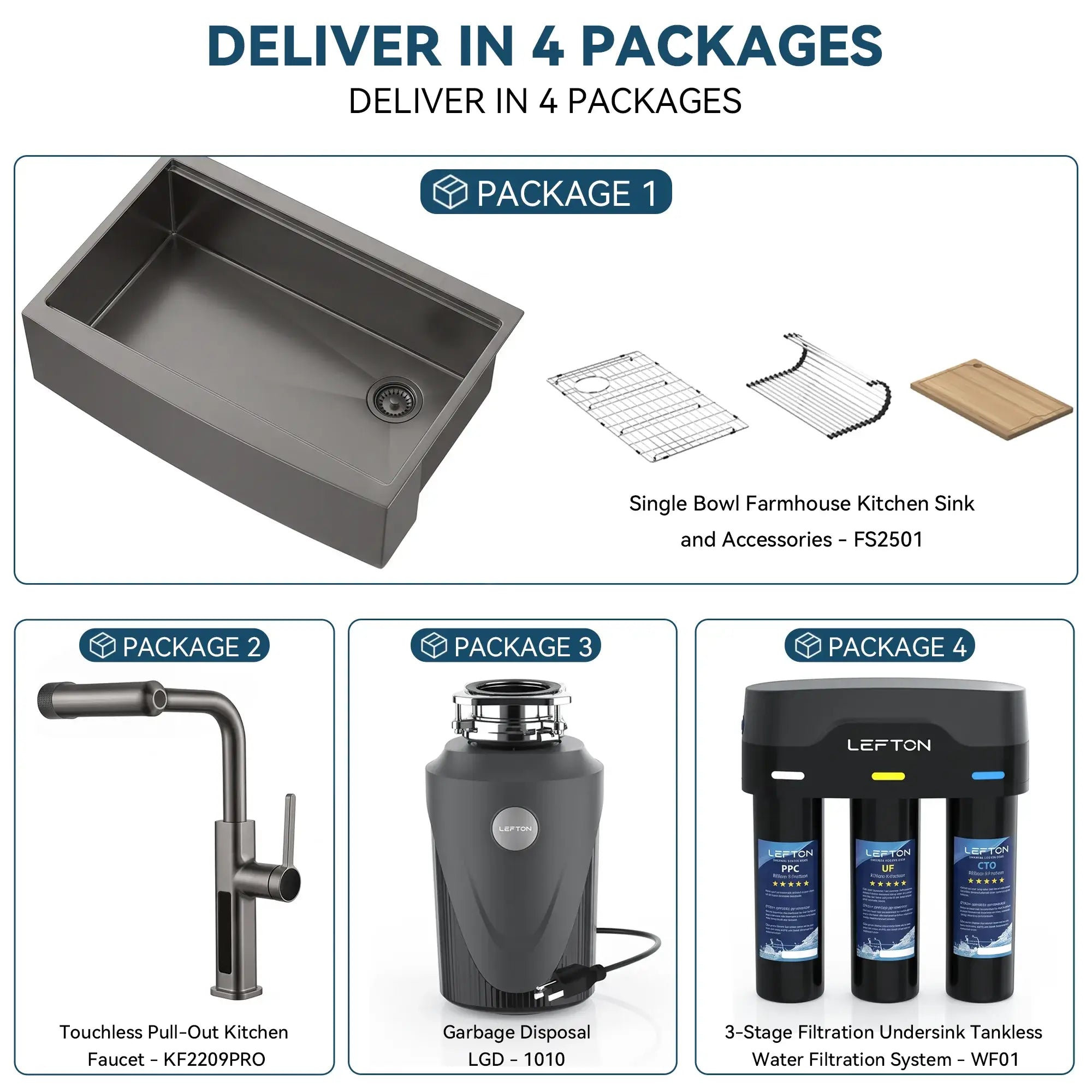 Lefton Farmhouse Sink-FS2501 & Kitchen Faucet-KF2209 & 1 HP Garbage Disposal-LGD1010 & Water Filtration-WF01-Kitchen Bundle-Lefton Home