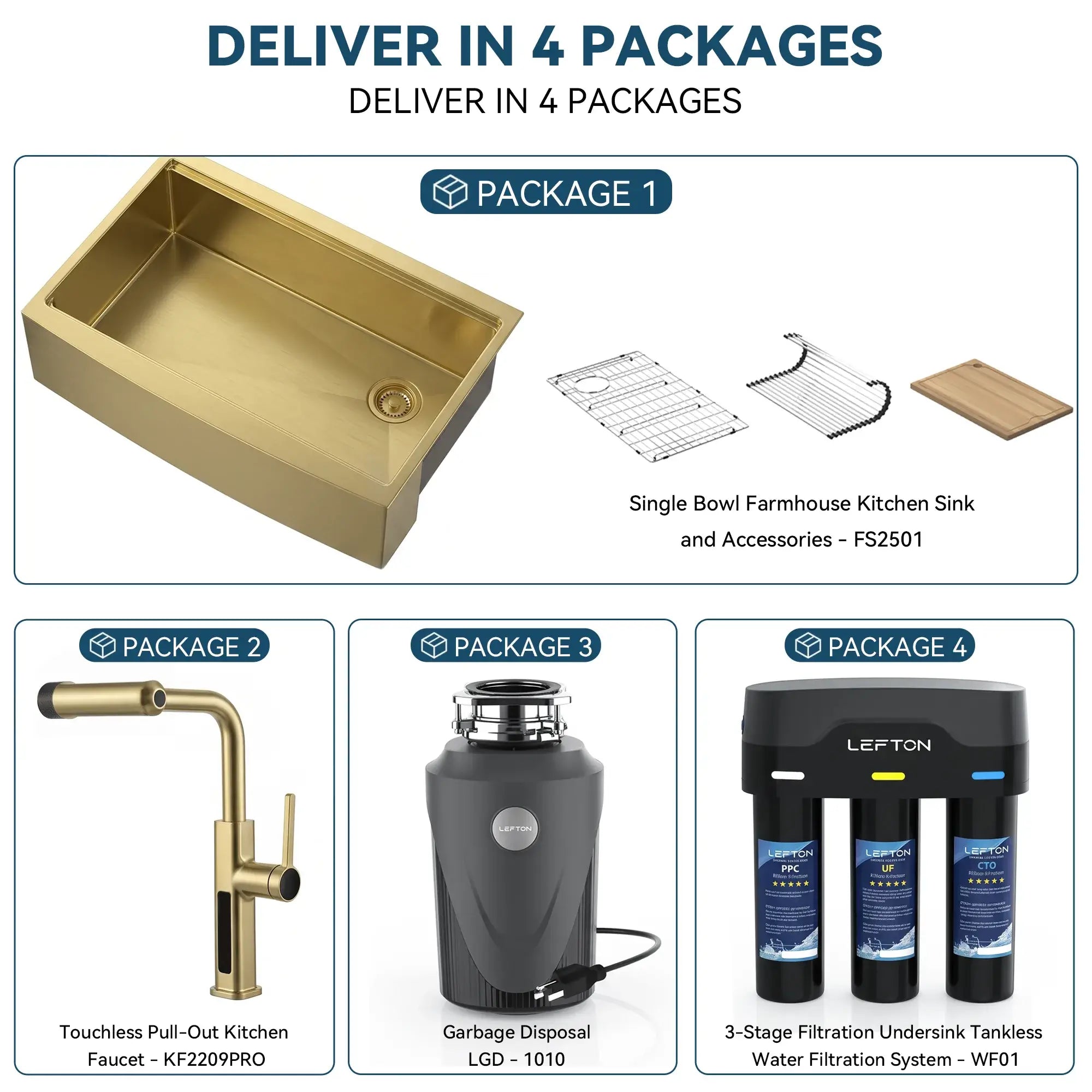 Lefton Farmhouse Sink-FS2501 & Kitchen Faucet-KF2209 & 1 HP Garbage Disposal-LGD1010 & Water Filtration-WF01-Kitchen Bundle-Lefton Home
