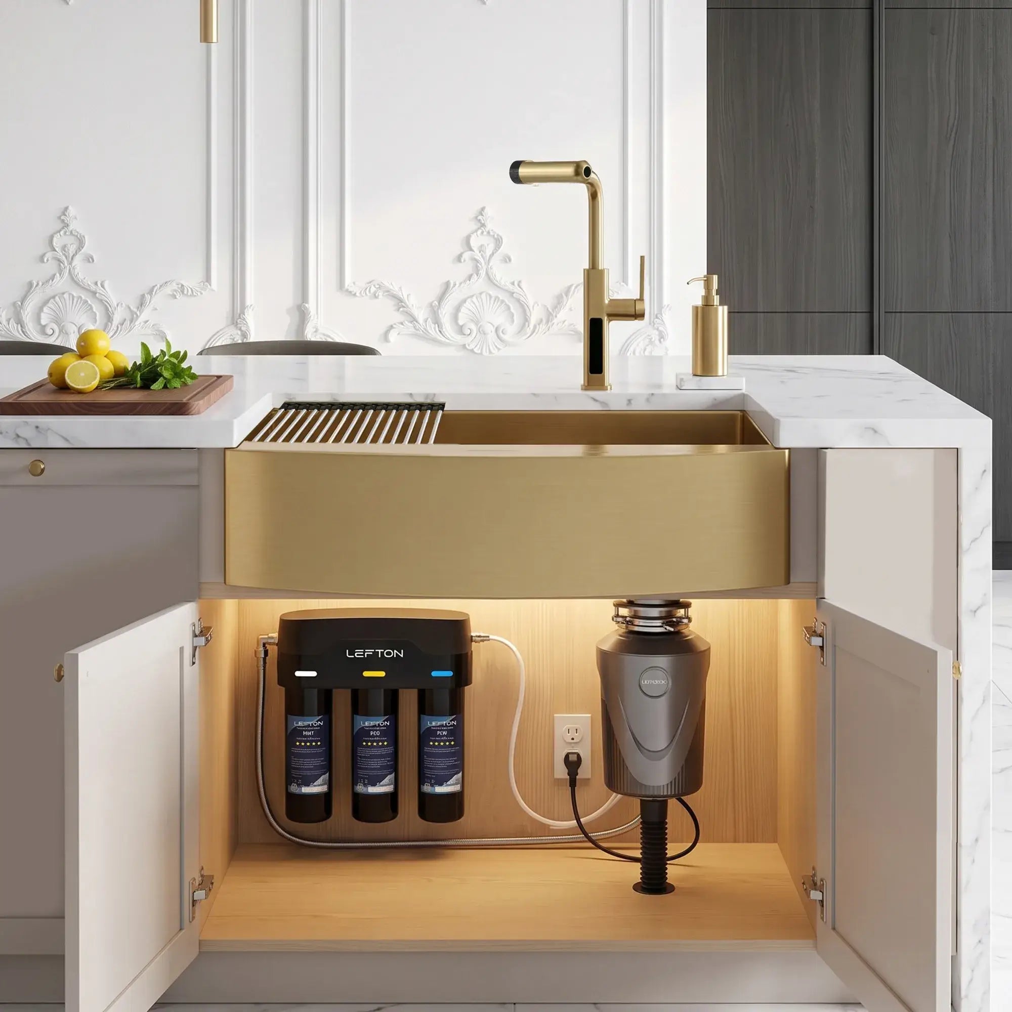 Lefton Farmhouse Sink-FS2501 & Kitchen Faucet-KF2209 & 1 HP Garbage Disposal-LGD1010 & Water Filtration-WF01-Kitchen Bundle-Lefton Home