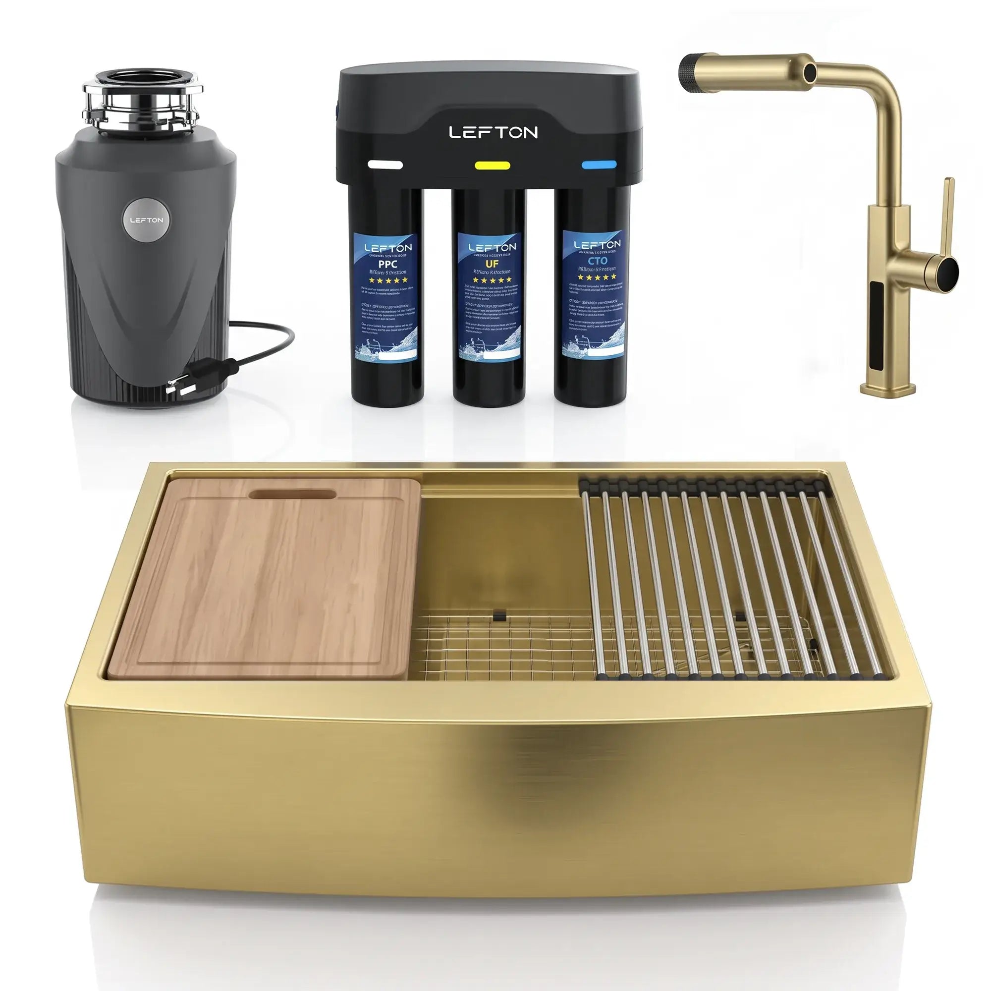 Lefton Farmhouse Sink-FS2501 & Kitchen Faucet-KF2209 & 1 HP Garbage Disposal-LGD1010 & Water Filtration-WF01-Kitchen Bundle-Lefton Home
