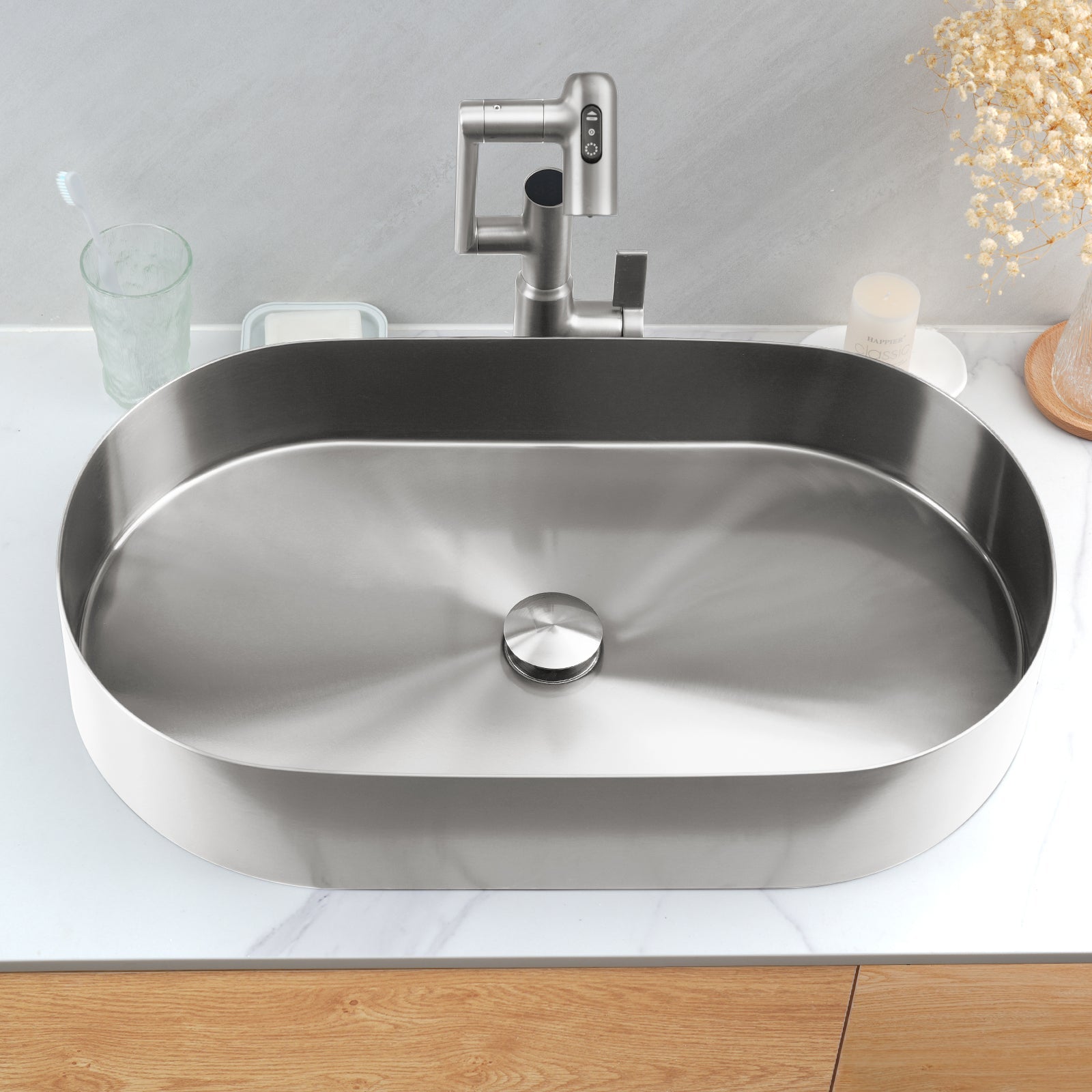 Lefton Modern Stainless Steel Oval Above Counter Bathroom Vessel Sink - BVS2403 with Single - Hole Rotatable Faucet - BF2204 - Bathroom Sinks and Bathroom Faucets - Lefton Home