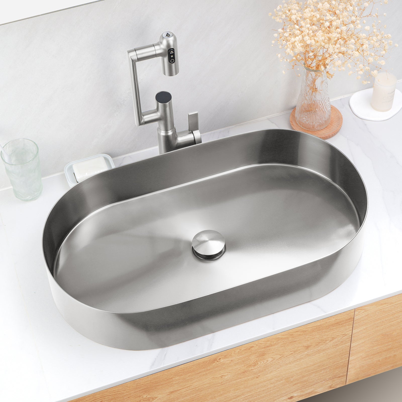 Lefton Modern Stainless Steel Oval Above Counter Bathroom Vessel Sink - BVS2403 with Single - Hole Rotatable Faucet - BF2204 - Bathroom Sinks and Bathroom Faucets - Lefton Home