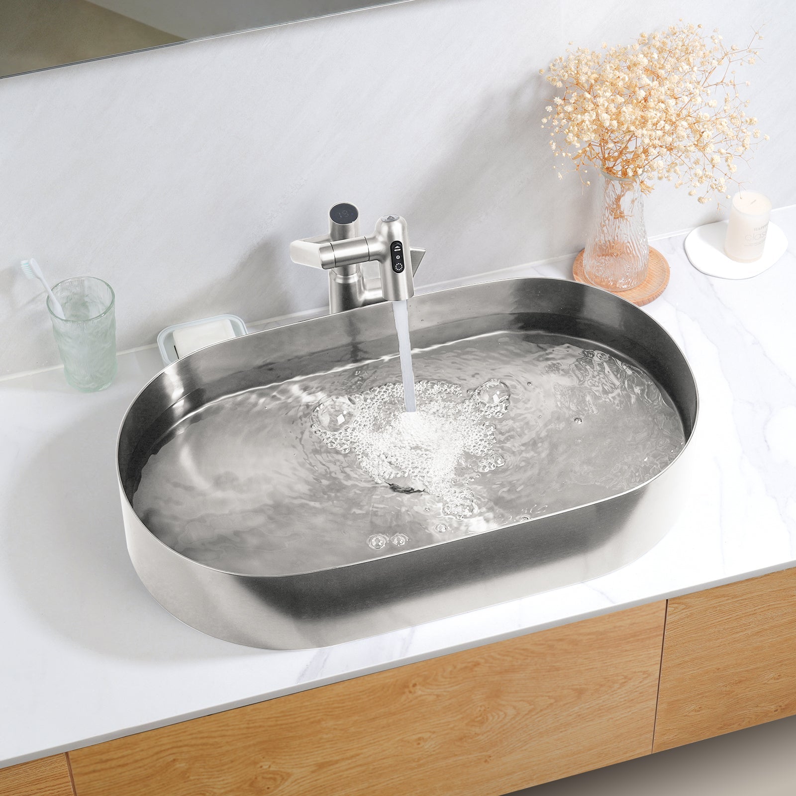 Lefton Modern Stainless Steel Oval Above Counter Bathroom Vessel Sink - BVS2403 with Single - Hole Rotatable Faucet - BF2204 - Bathroom Sinks and Bathroom Faucets - Lefton Home