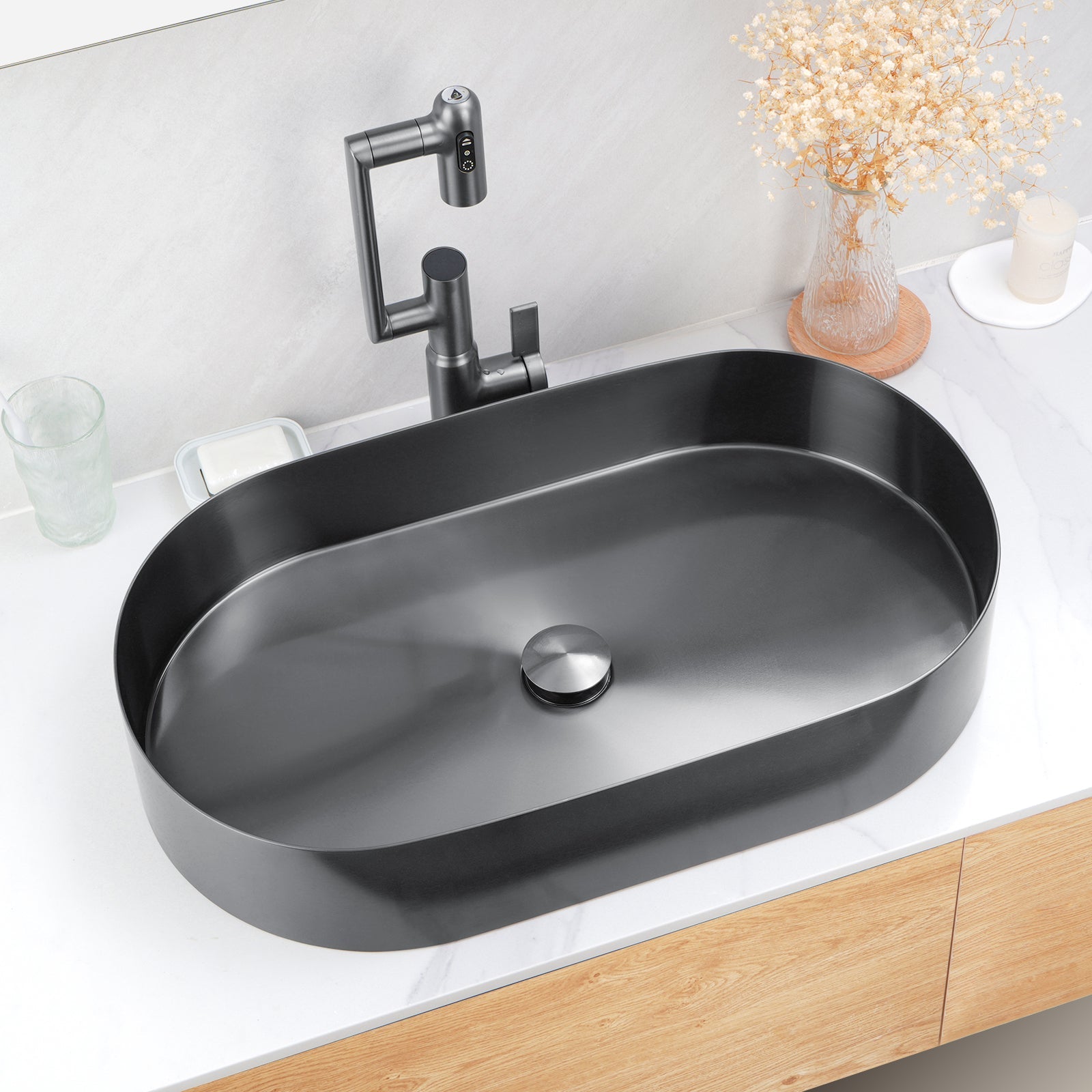 Lefton Modern Stainless Steel Oval Above Counter Bathroom Vessel Sink - BVS2403 with Single - Hole Rotatable Faucet - BF2204 - Bathroom Sinks and Bathroom Faucets - Lefton Home
