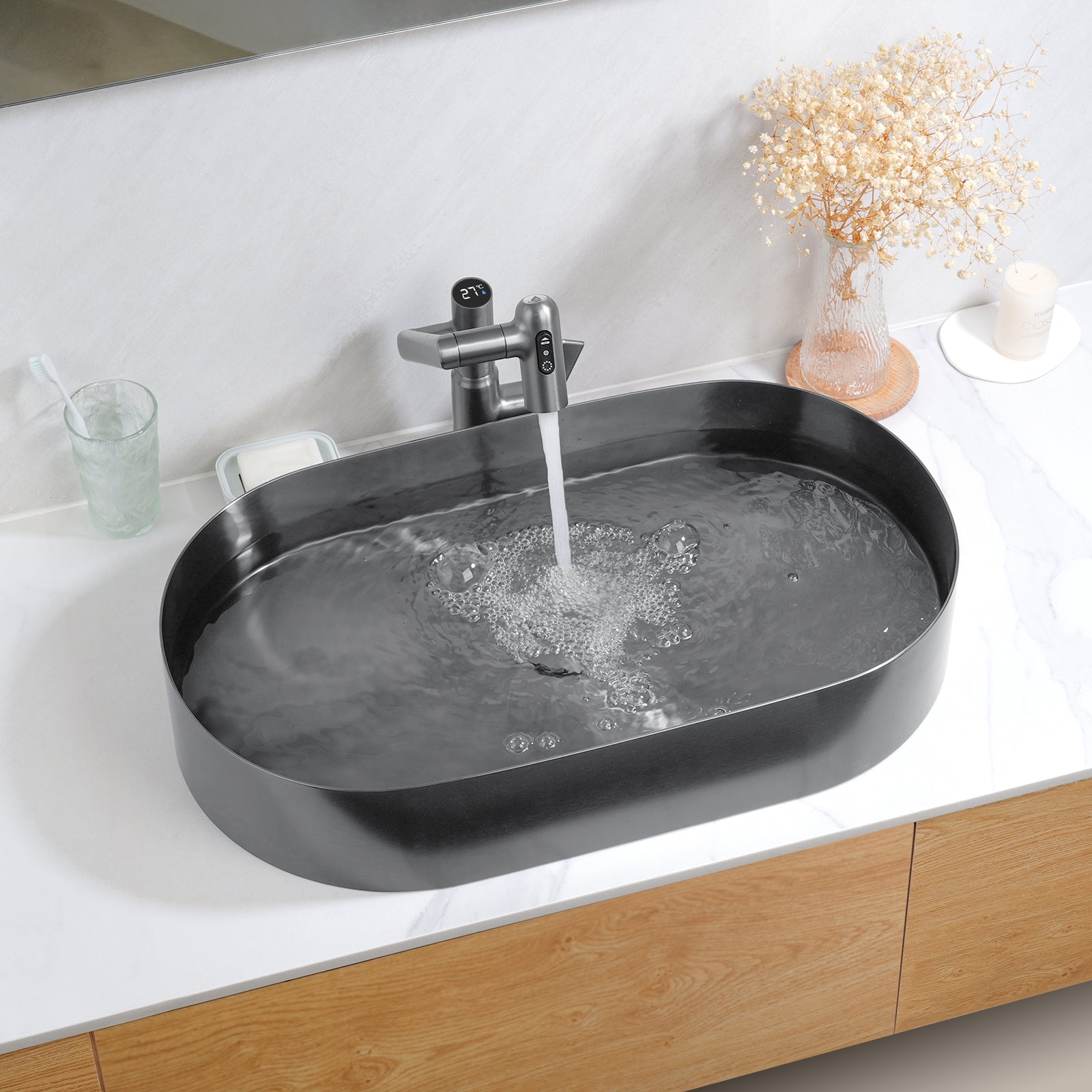Lefton Modern Stainless Steel Oval Above Counter Bathroom Vessel Sink - BVS2403 with Single - Hole Rotatable Faucet - BF2204 - Bathroom Sinks and Bathroom Faucets - Lefton Home