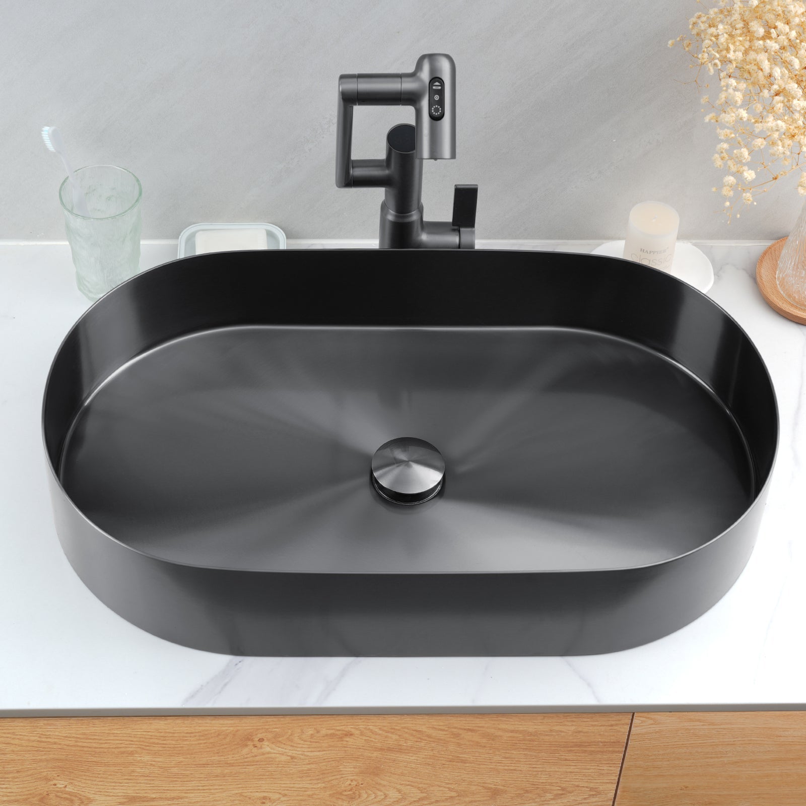 Lefton Modern Stainless Steel Oval Above Counter Bathroom Vessel Sink - BVS2403 with Single - Hole Rotatable Faucet - BF2204 - Bathroom Sinks and Bathroom Faucets - Lefton Home
