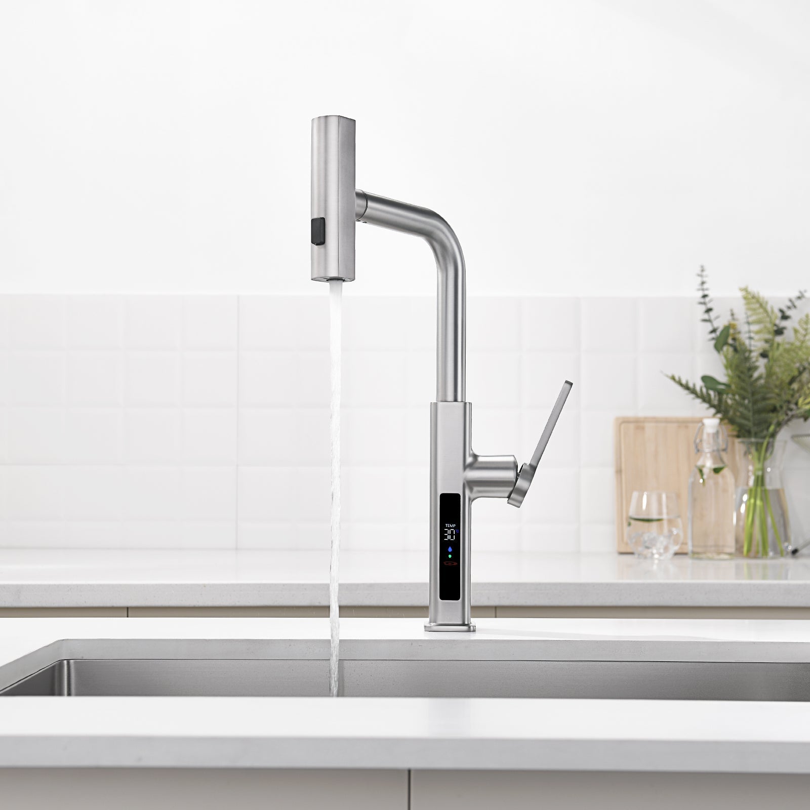 Lefton Waterfall & Pull-Out Kitchen Faucet with Temperature Display-KF2209 -Kitchen Faucets- Lefton Home