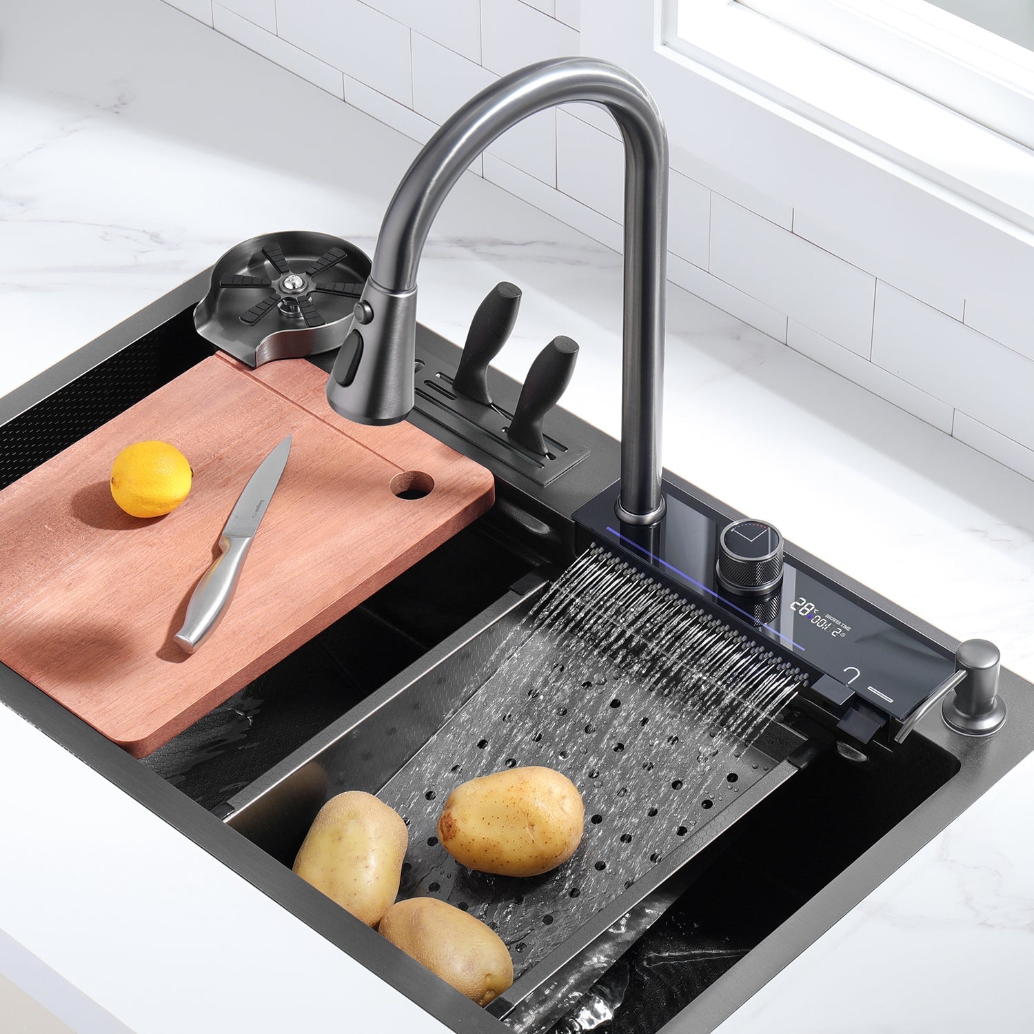 Lefton Waterfall Workstation Kitchen Sink Set Digital Temperature Display & LED Lighting - KS2205L - Kitchen Sinks