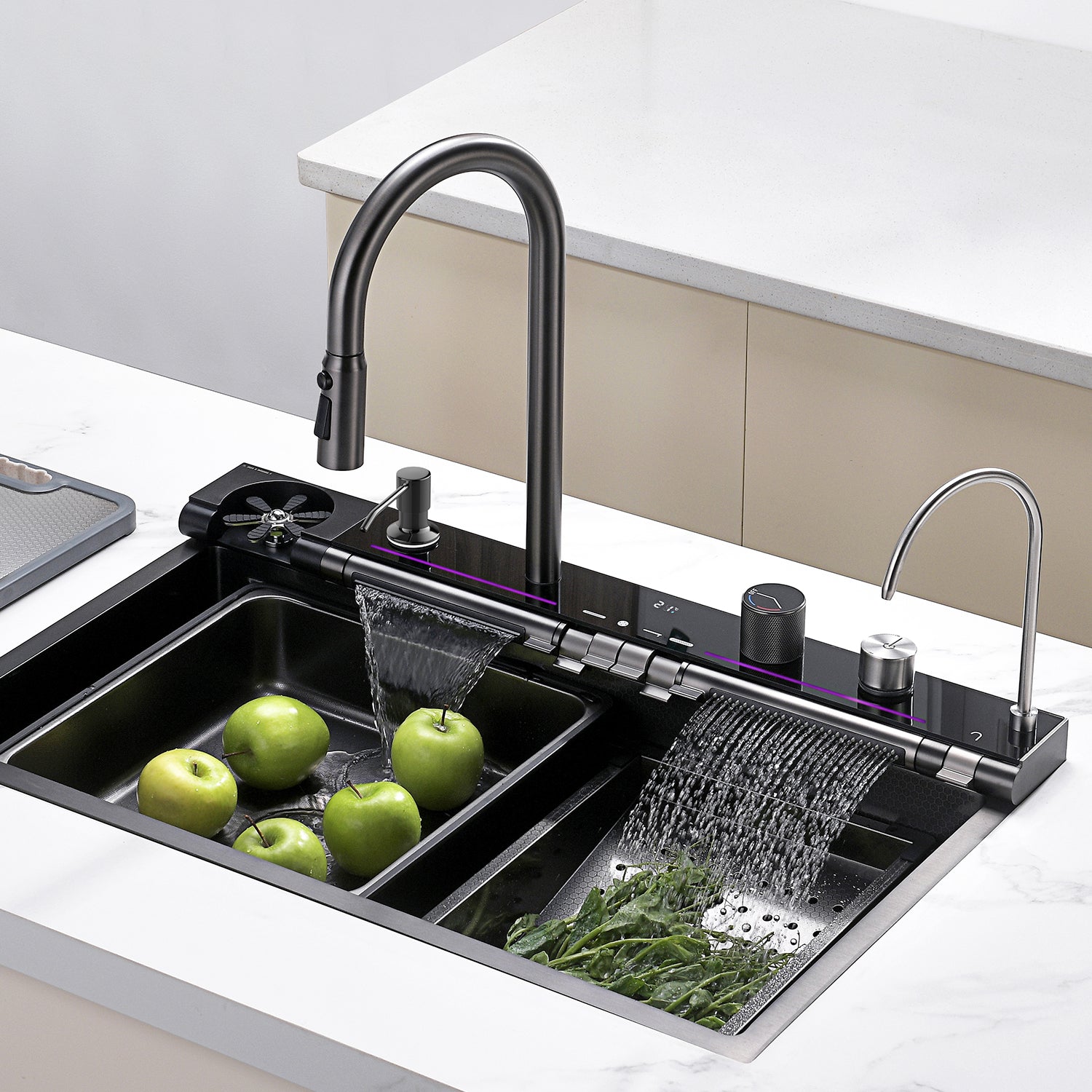 Lefton Adjustable Waterfall Faucet Kitchen Sink with Digital Temperature Display & LED Lighting-KS2207 -Kitchen Sinks-