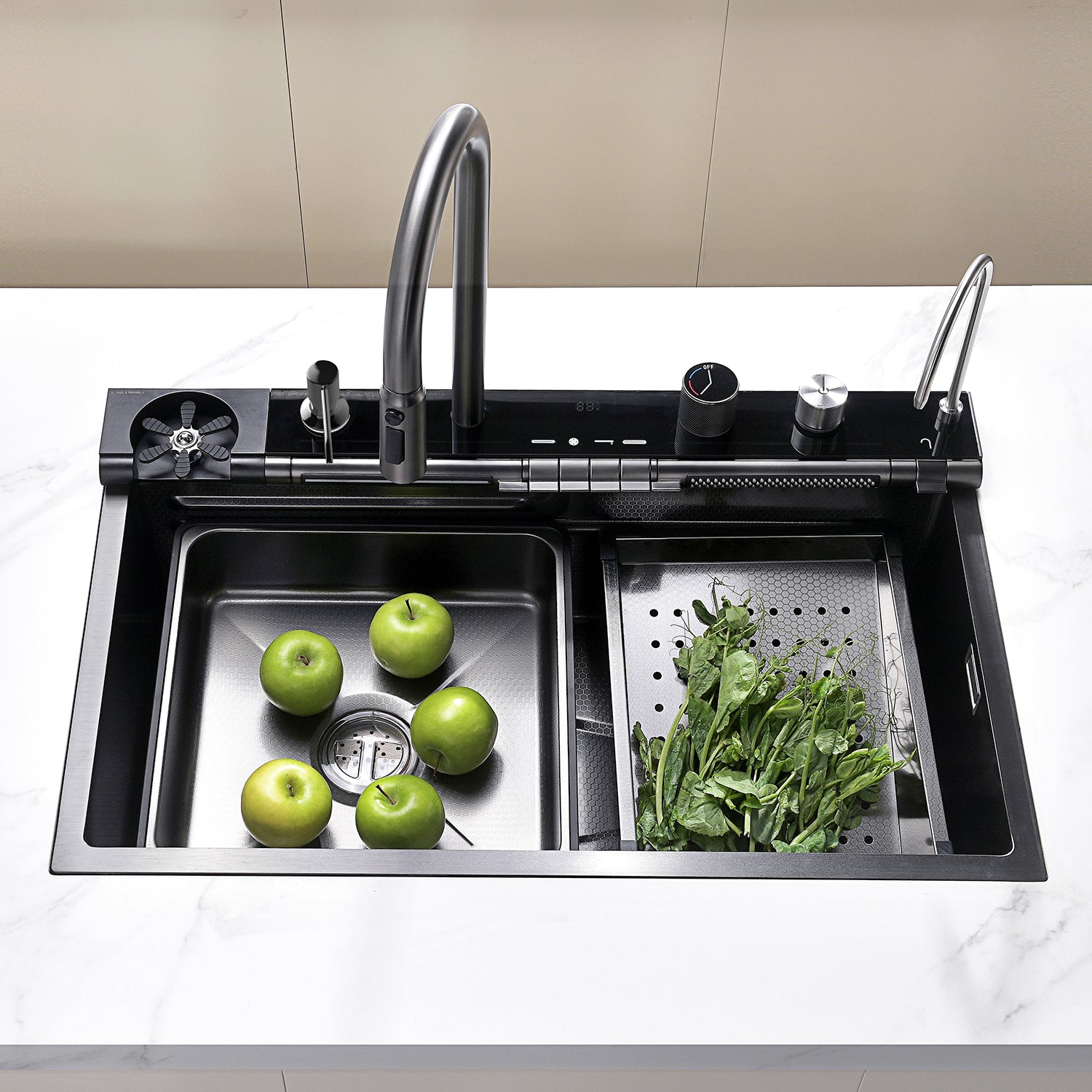 Lefton Adjustable Waterfall Faucet Kitchen Sink with Digital Temperature Display & LED Lighting-KS2207 -Kitchen Sinks- Lefton Home