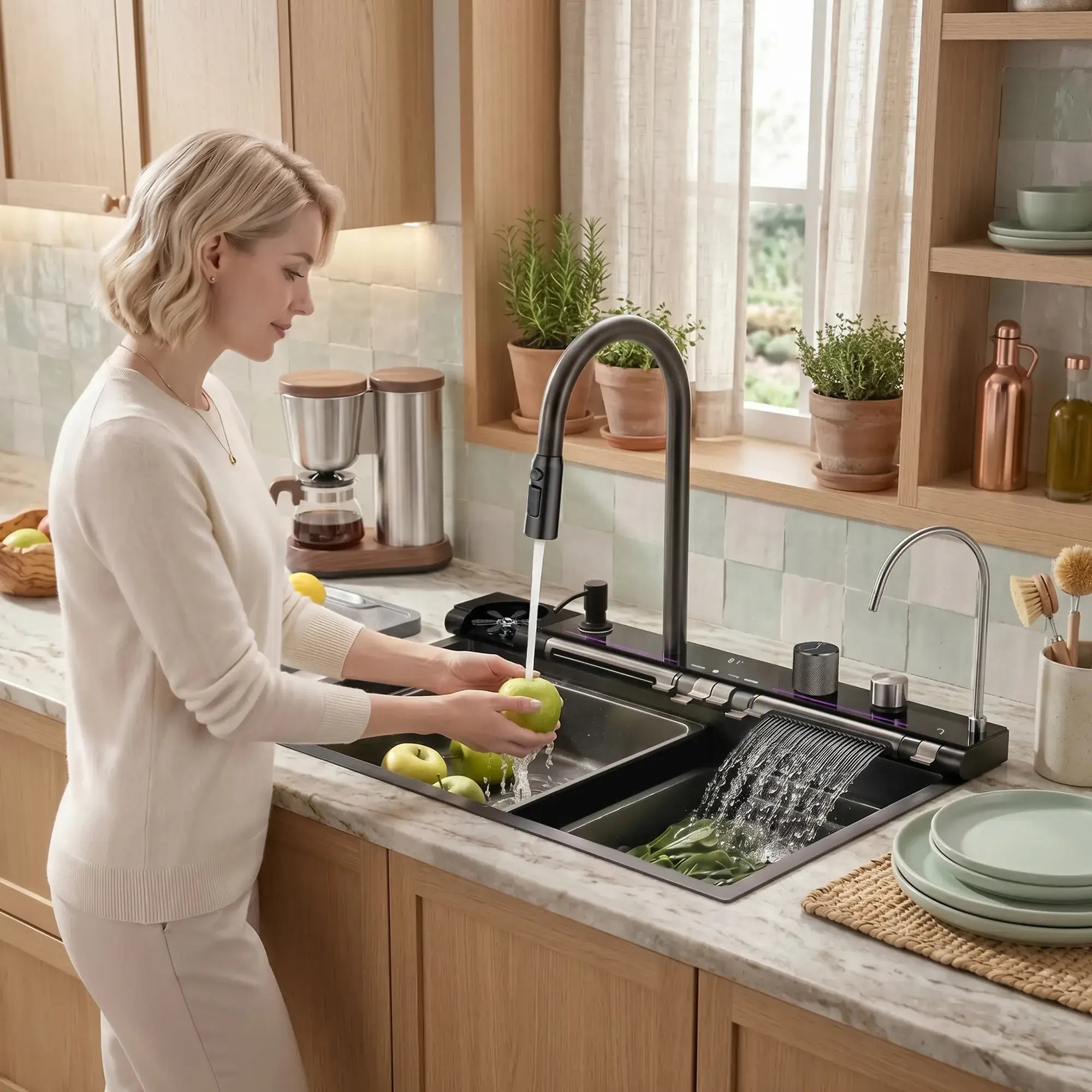 Lefton 33x22 Inch Waterfall Faucet Kitchen Sink with Digital Temperature Display & LED Lighting - KS2207L