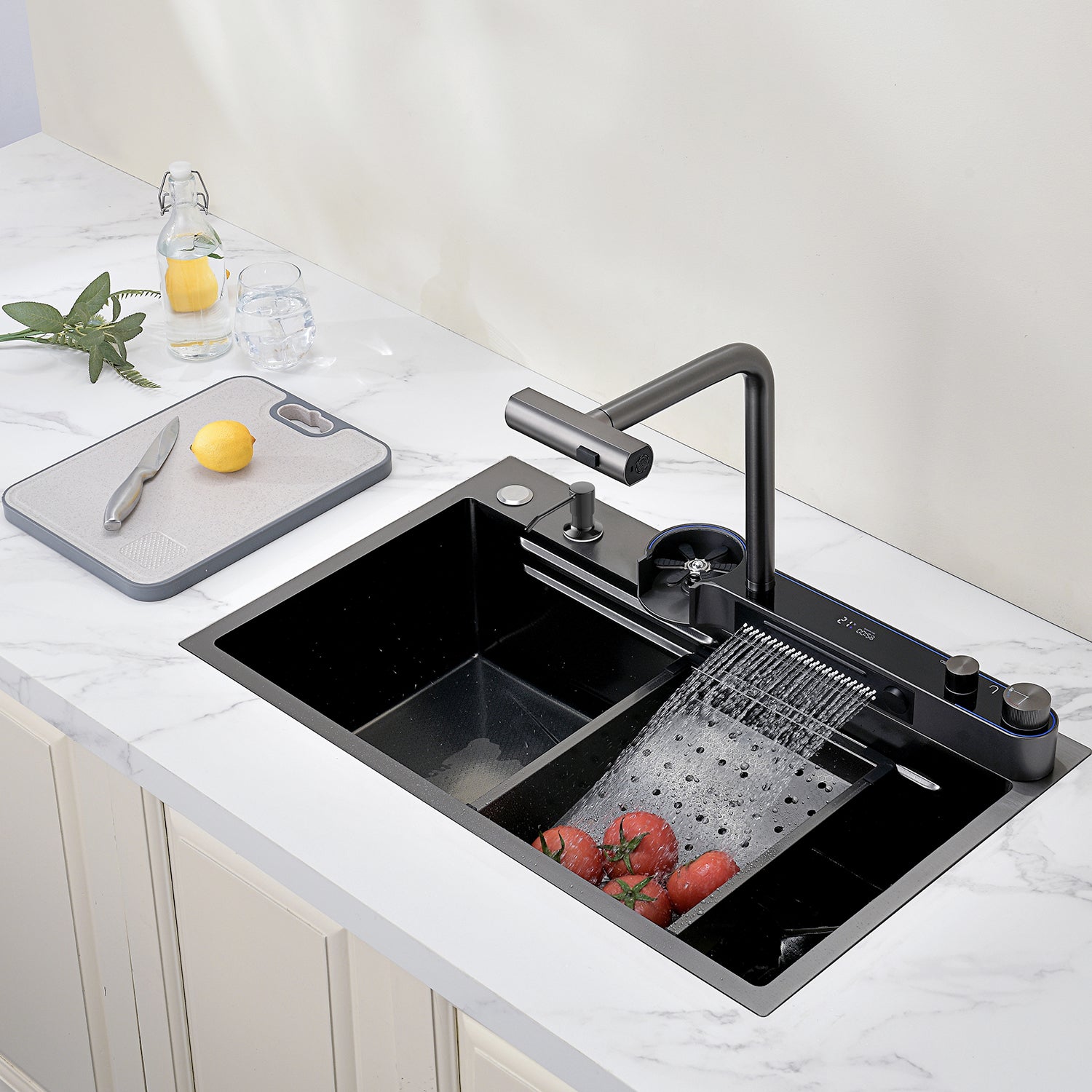Lefton Two Outlets Waterfall Faucet Kitchen Sink with Digital Temperature Display & LED Lighting-KS2208 -Kitchen Sinks- Lefton Home