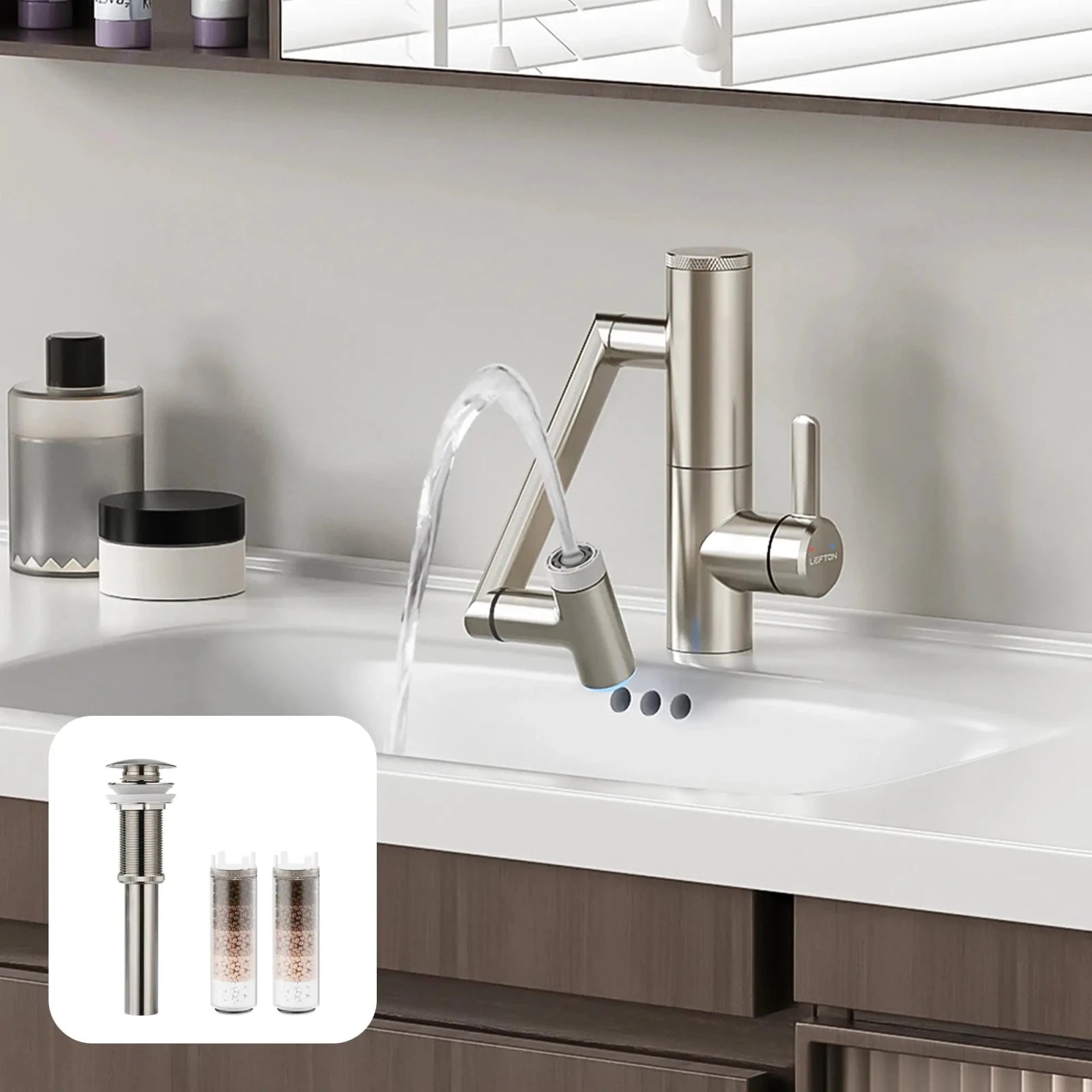 Lefton 1080° Rotating Bathroom Built - in Filter Faucet - BPF01 with Drain Stopper - D01 and Replacement Cartridge Filter - BPF01 - FT - Bathroom Faucets - Lefton Home